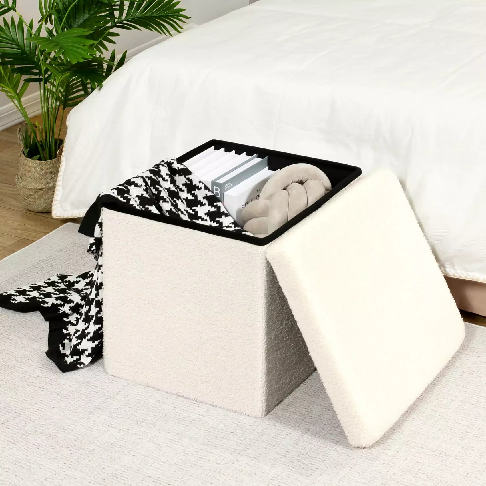 PINPLUS 15.7 Folding Storage Ottoman Cube.Foot Rest Stool Seat for Living Room.White.Sherpa Fabric