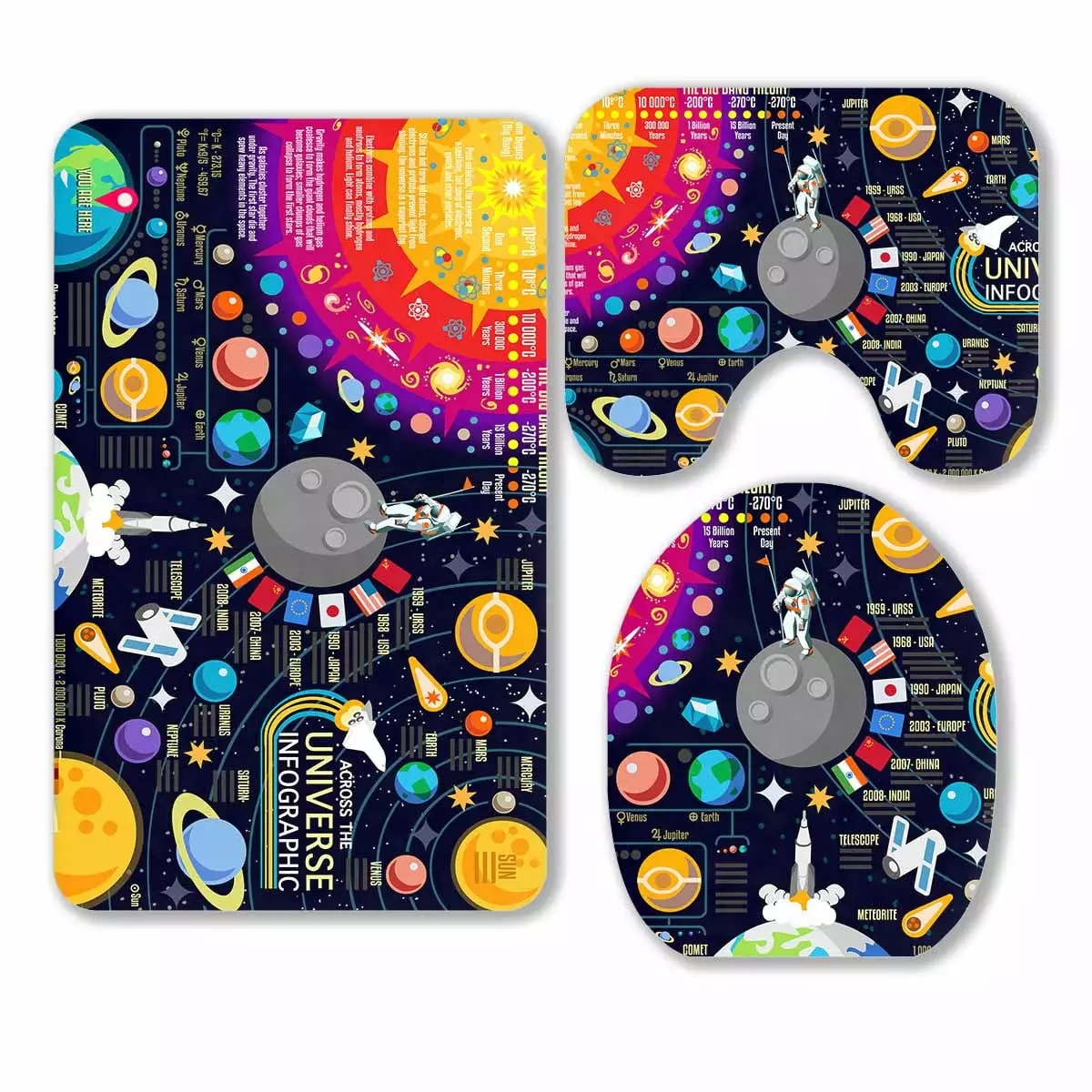 PKQWTM Galaxy Horizons Universe Planets Skyrocket Astronaut Solar 3 Piece Bathroom Rugs Set Bath Rug Contour Mat and Toilet Lid Cover