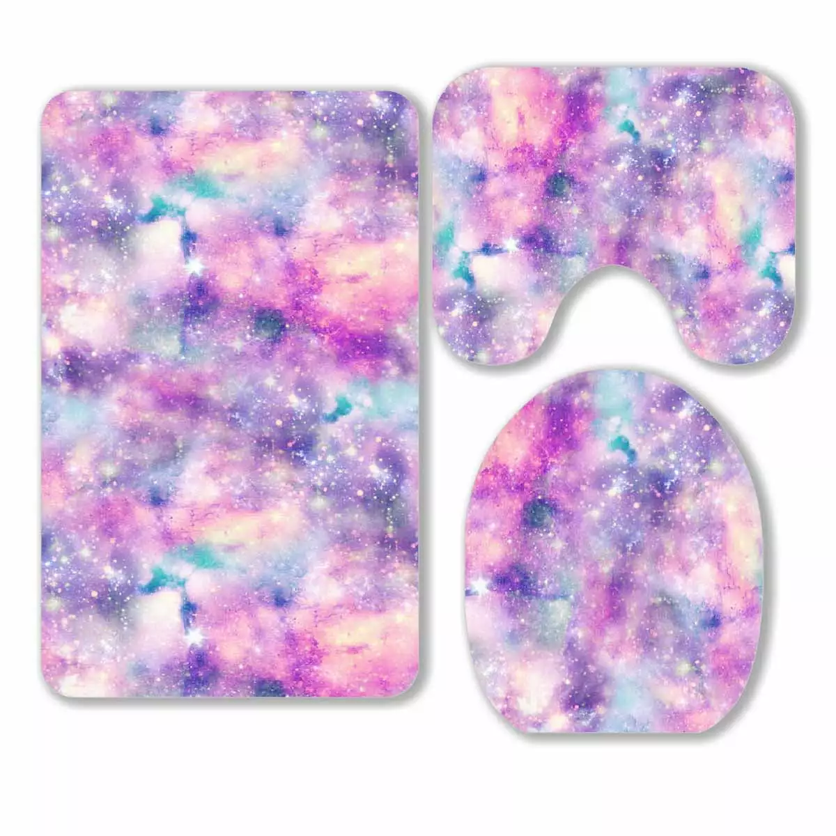 PKQWTM Starry Galaxy Print In Unicorn Colours 3 Piece Bathroom Rugs Set Bath Rug Contour Mat and Toilet Lid Cover