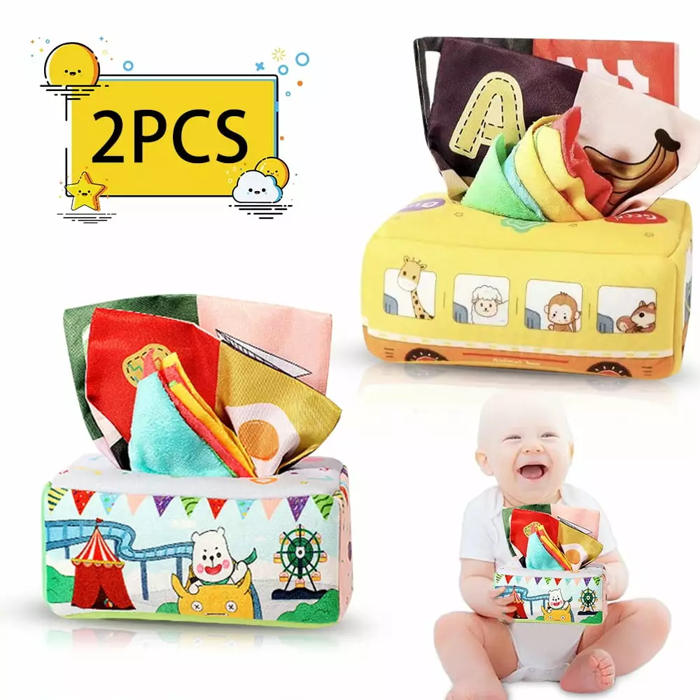 POINTERTECK 2Pcs Montessori Toys for Babies 6-12 Months - Infant Newborn Toddlers Sensory Toys Baby Magic Tissue Box for Boys Girls Kids Early Learning Toys