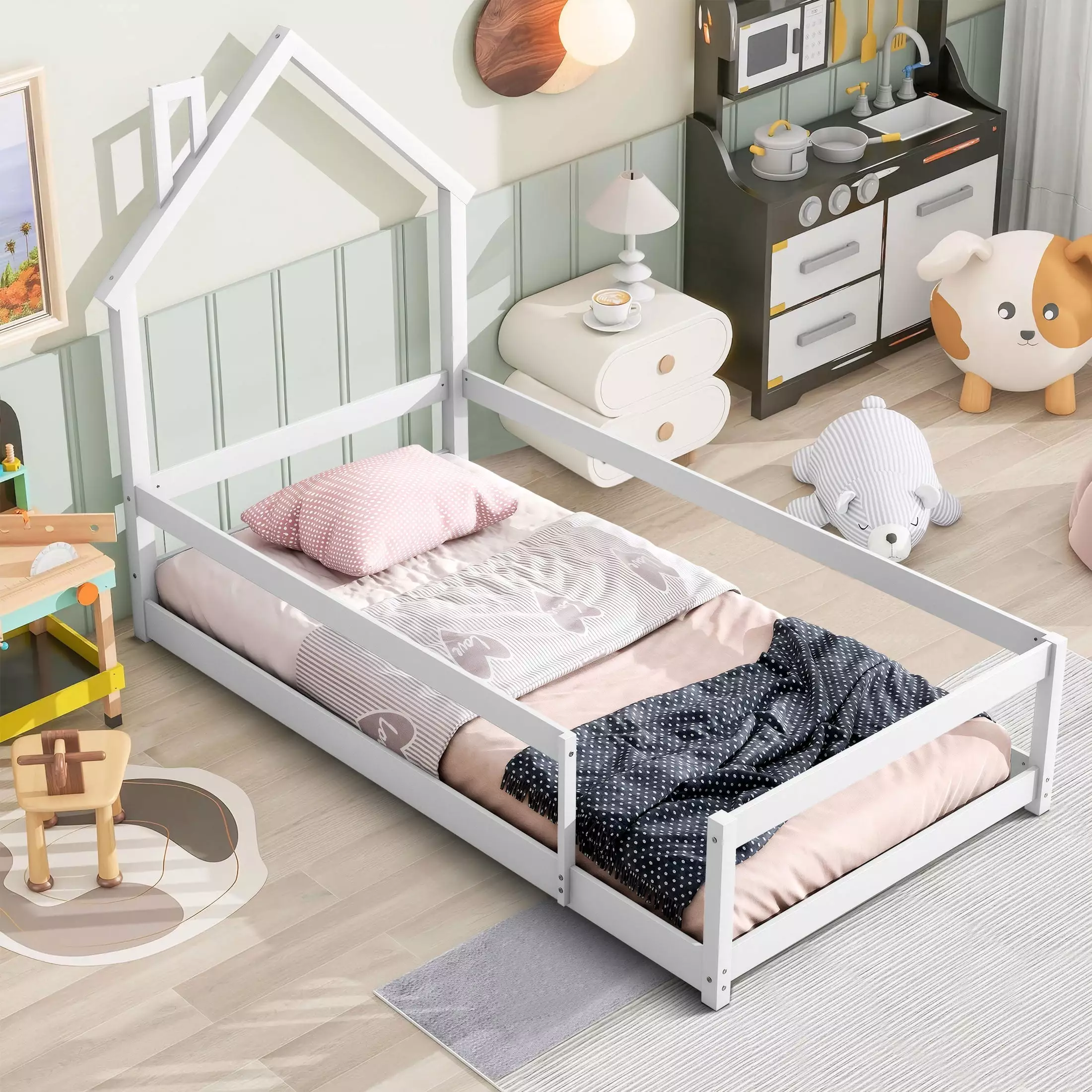 PORKISS Twin Size Floor Bed. Montessori Bed for Boys Girls with Fence. House-shaped Headboard. White