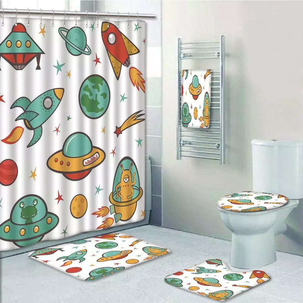 PRTAU Kids Room Outer Space Rocket Space Ship UFO Stars Planets Alien Earth Saturn Galaxy 5 Piece Bathroom Set Shower Curtain Bath Towel Bath Rug Contour Mat and Toilet Lid Cover