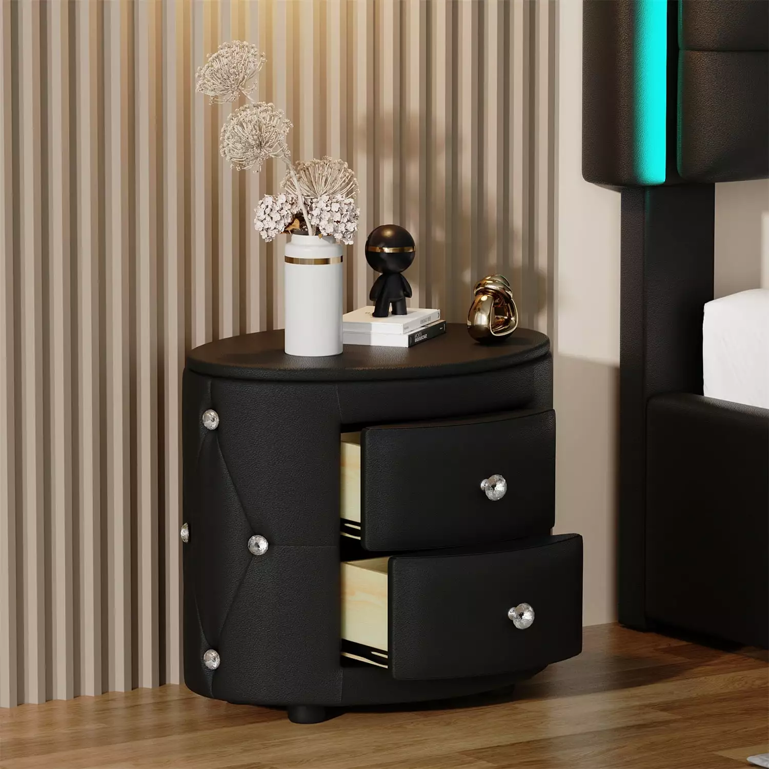 PU Leather Nightstand. Elegant Bedside Table with 2 Drawers and Crystal Handle. Oval 2-Drawer Upholstered Nightstand. Storage Bed Side Table Fully Assembled Except Legs & Handles.Suitable for Bedroom