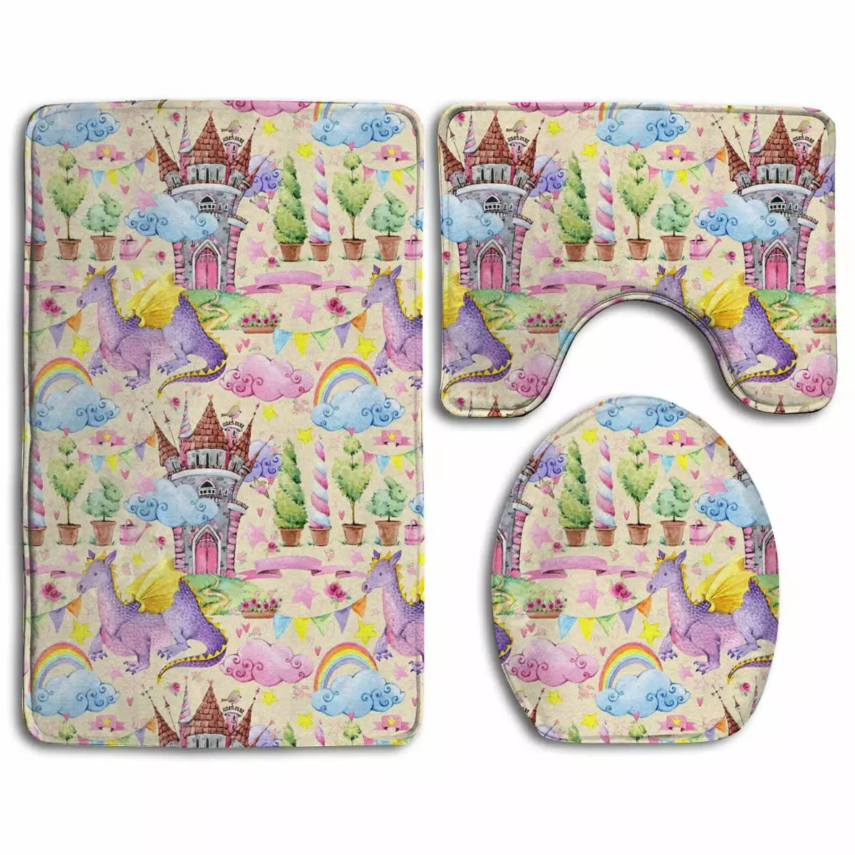 PUDMAD Children Fairy Dragon Fairytale 3 Piece Bathroom Rugs Set Bath Rug Contour Mat and Toilet Lid Cover