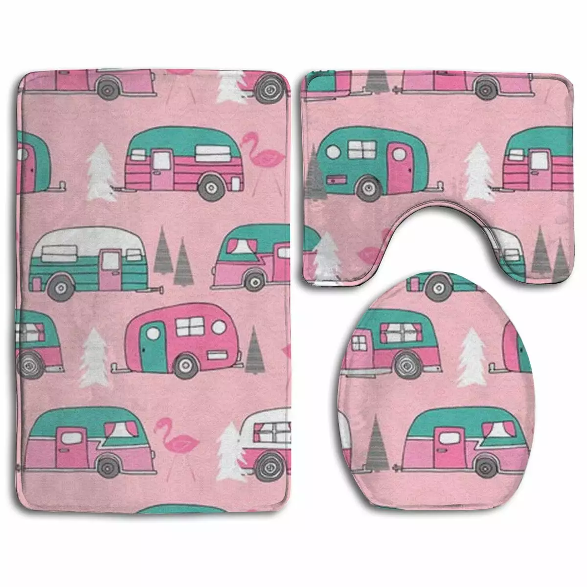 PUDMAD Happy Camper Pink Retro Flamingo Camping 3 Piece Bathroom Rugs Set Bath Rug Contour Mat and Toilet Lid Cover