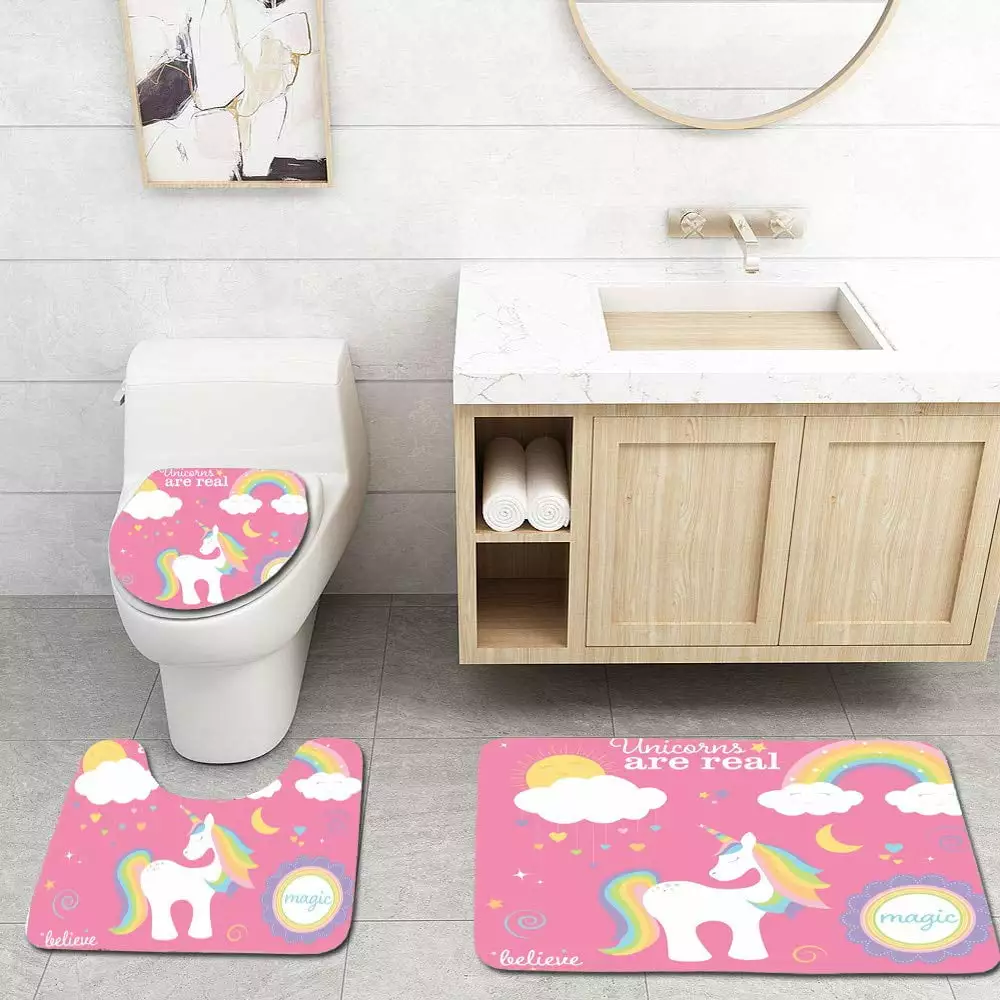 PUDMAD Unicorn Set 3 Piece Bathroom Rugs Set Bath Rug Contour Mat and Toilet Lid Cover