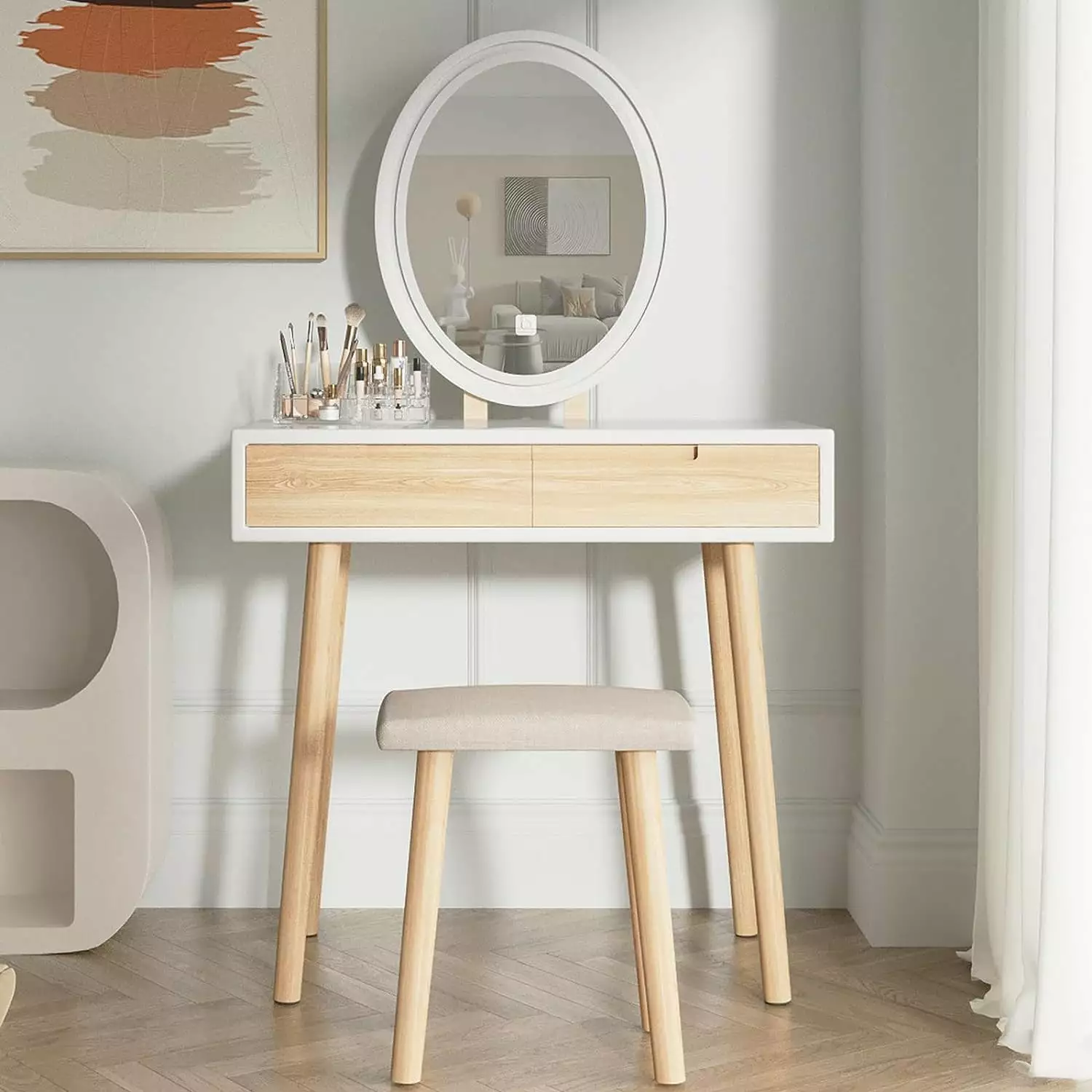 PULUOMIS 31.5'' Makeup Vanity Desk with Adjustable Brightness Oval Mirror for Small Spaces.Vanity Desk with Drawers and Stool