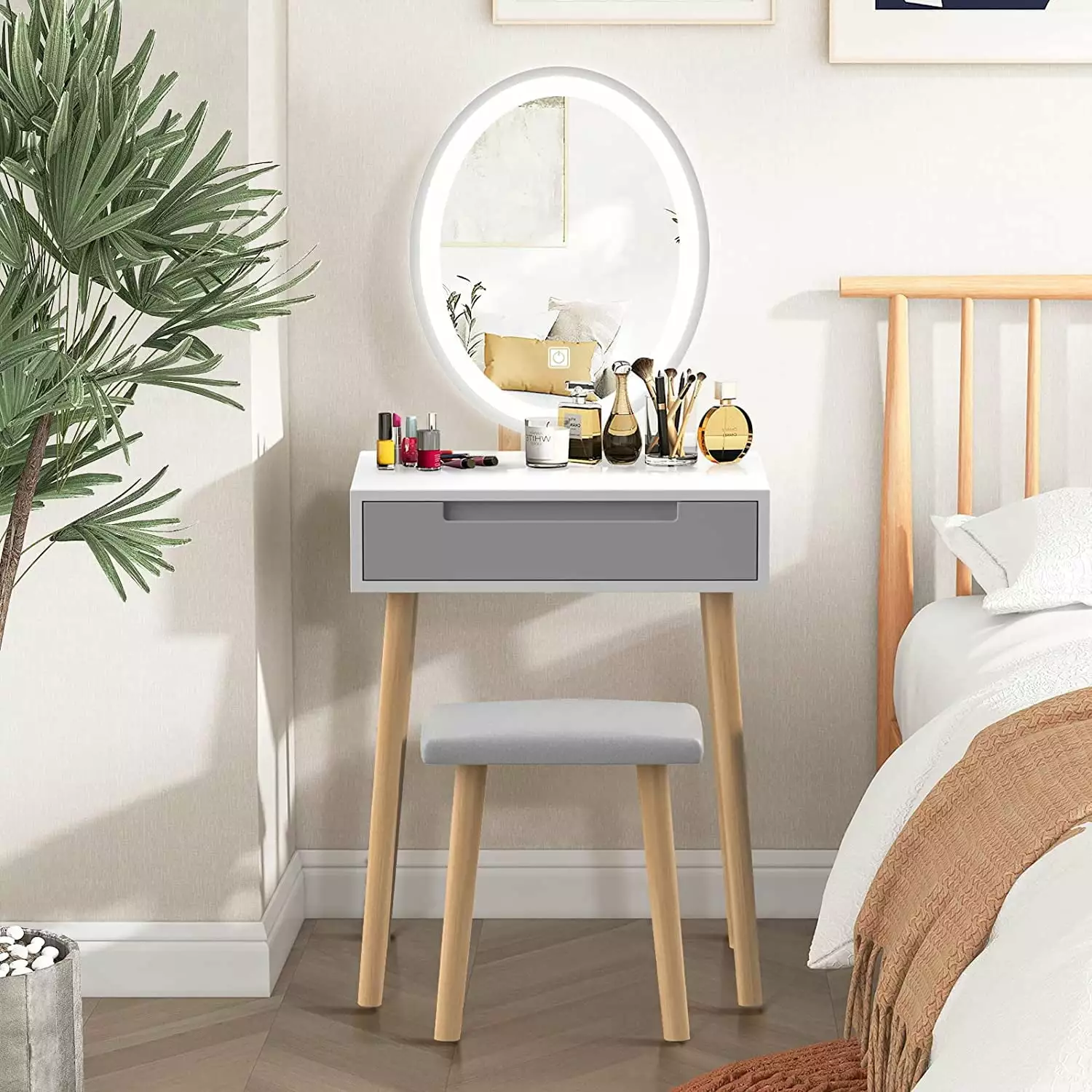 PULUOMIS Modern Makeup Vanity Table Set with Adjustable Lighted Mirror Cushioned Stool for Bedroom