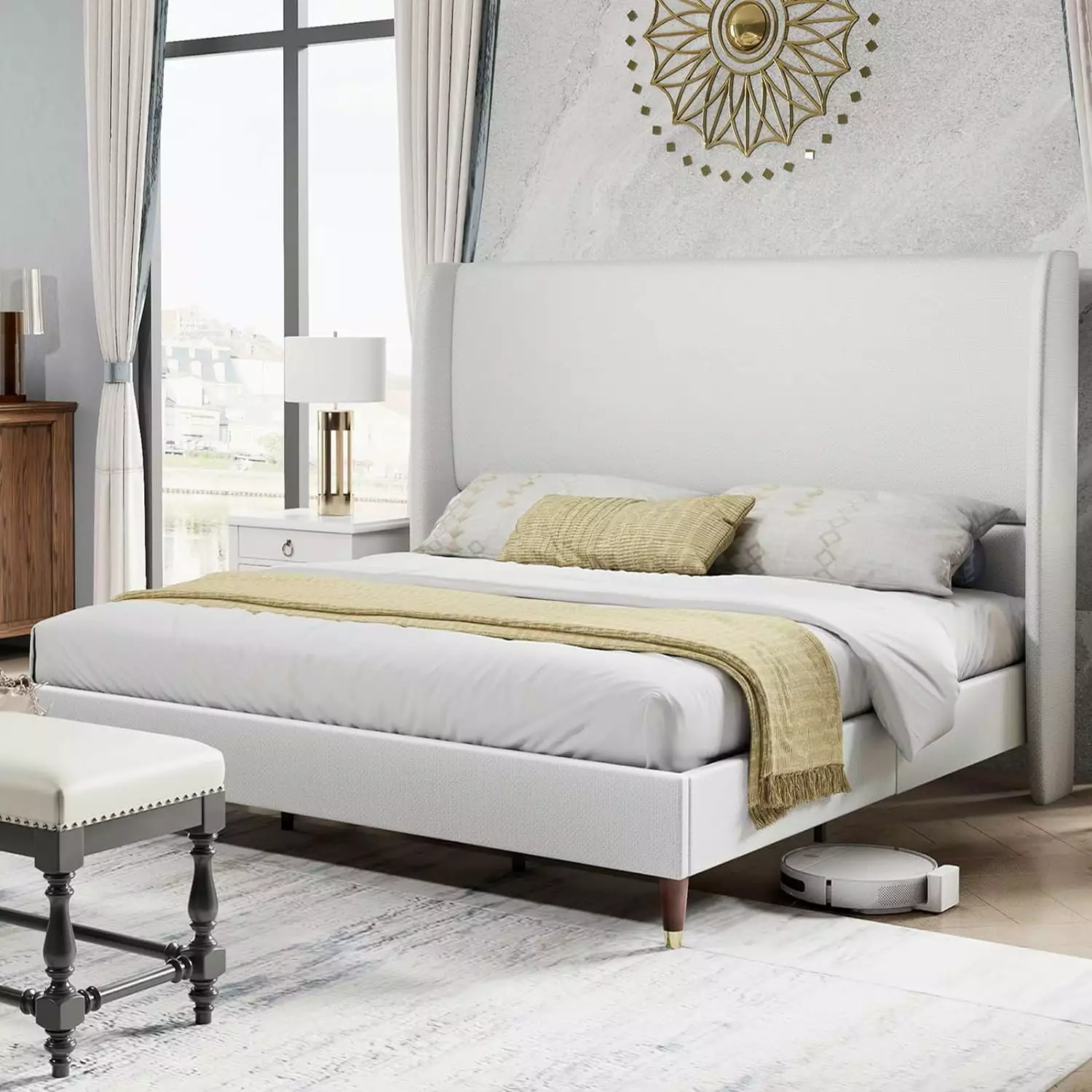 PaPaJet 51.2 King Bed Frame with High Headboard.Upholstered Bed.White