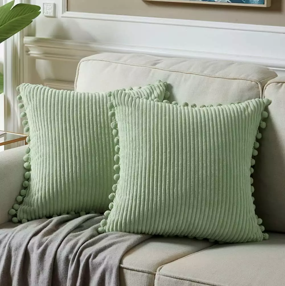 Pack of 2 Sage Green Decorative Throw Pillow Covers with Pom-poms. Soft Corduroy Solid Square Cushion Cases Set for Couch Sofa Bedroom Car Living Room (18x18 Inch/45x45 cm. Sage Green)