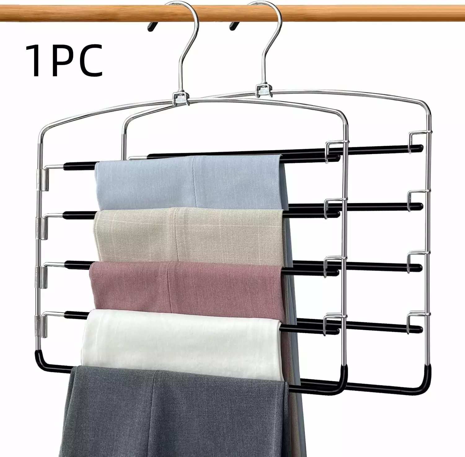 Pants Hangers 1 Pcs. Swing Arm Trousers Hanger. Space Saving Pants Rack. 5 Layers Jeans Hangers with Non-Slip. Happon Multiple Pants Hanger Closet Organizer for Trousers Scarves Ties