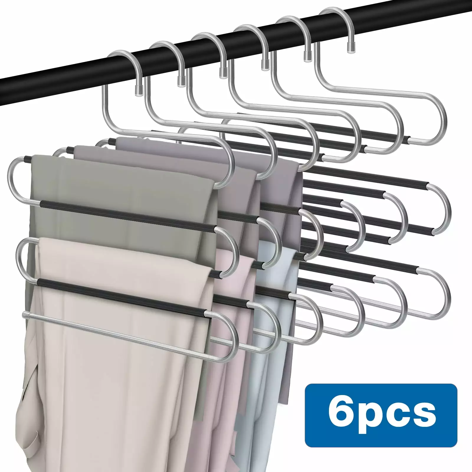 Pants Hangers 6pcs S Shaped Pant Hangers 5 Tiers Space Saving Hangers Non Slip Stainless Steel Hangers for Clothes Pants Jeans Trousers Skirts