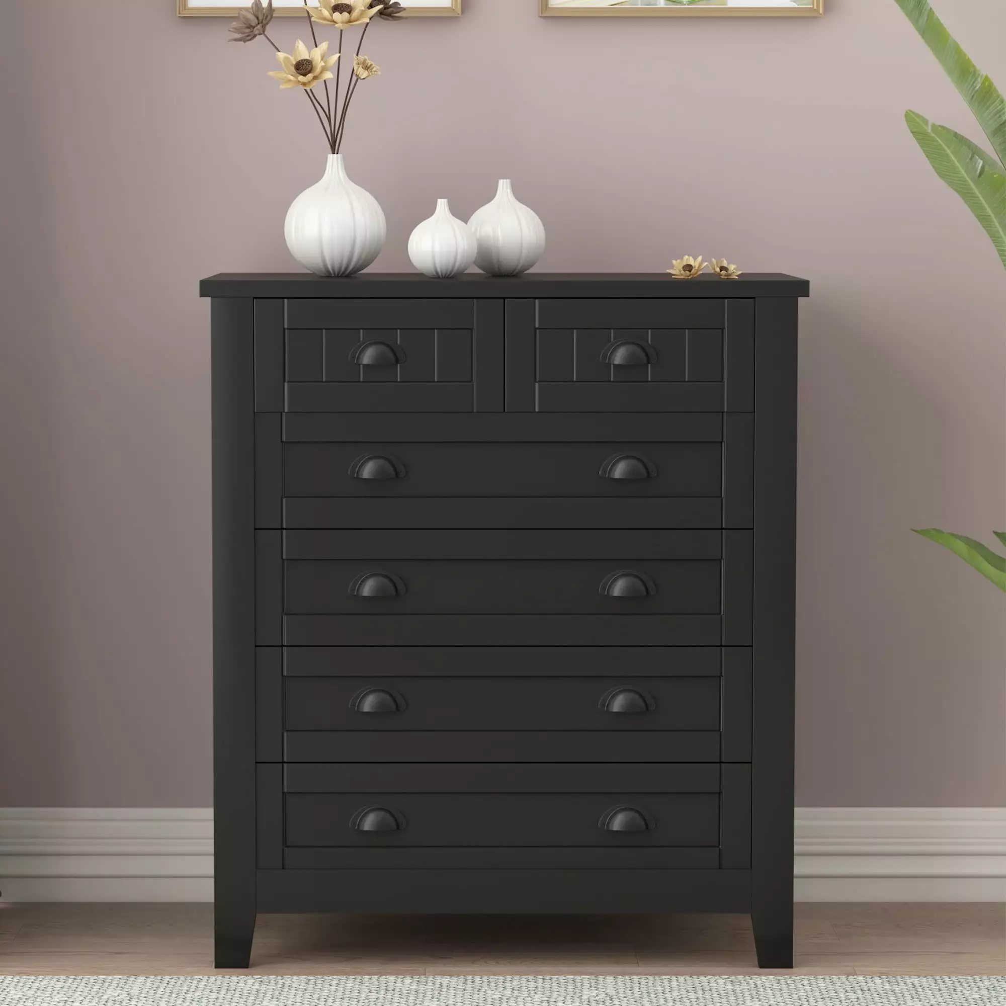 Paproos 6 Drawer Dresser. Modern Dressers for Bedroom. Chest of Drawers with Retro Shell-shaped Handle. Large Capacity Clothes Organizer Wide Storage Cabinet Lockers for Closet Living Room. Black