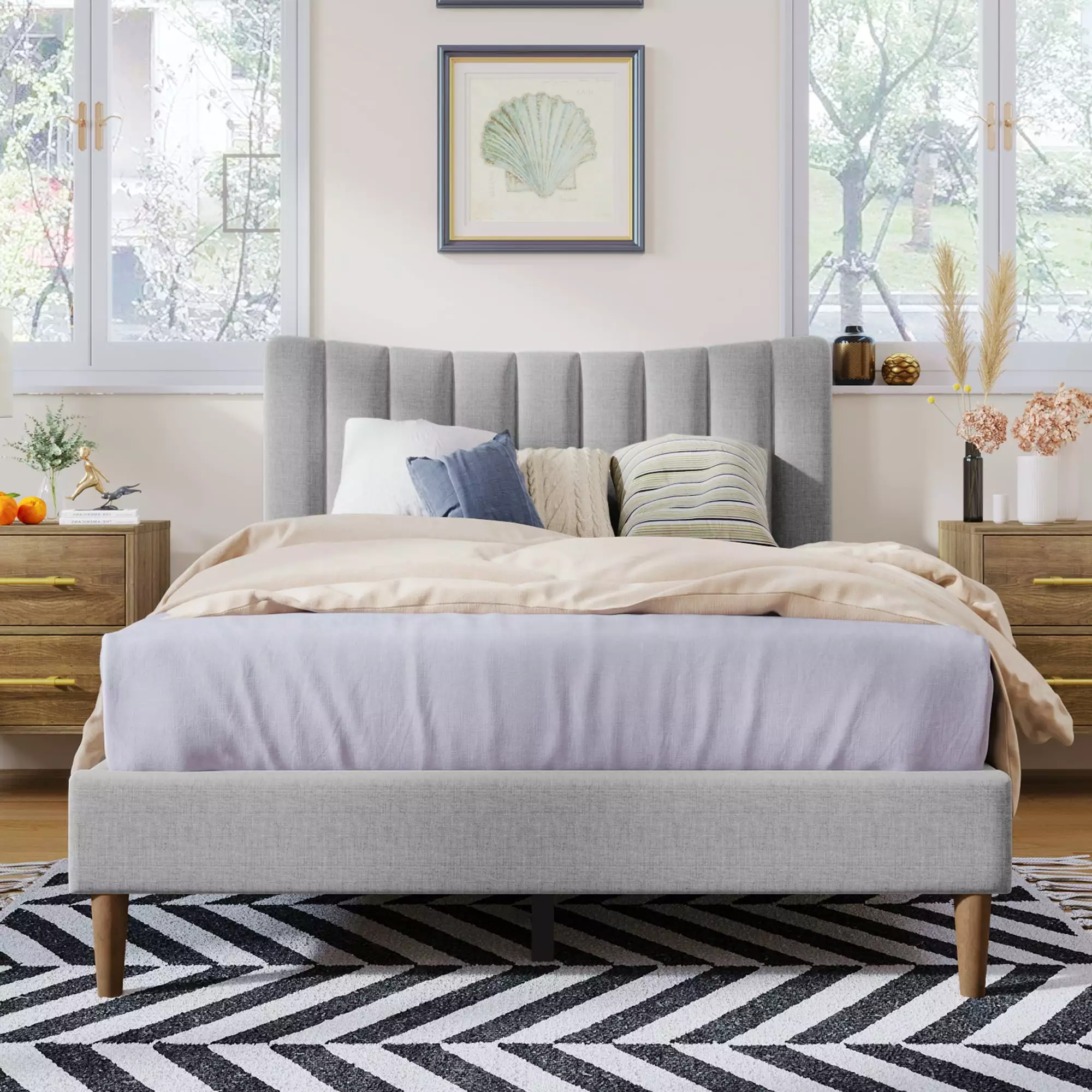 Paproos Bed Frame Full. New Upgraded Upholstered Platform Bed with Vertical Channel Tufted Headboard. Solid Wood Legs. No Box Spring Needed. Heavy Duty Full Size Bed Frame for Kids Teens Adults. Gray