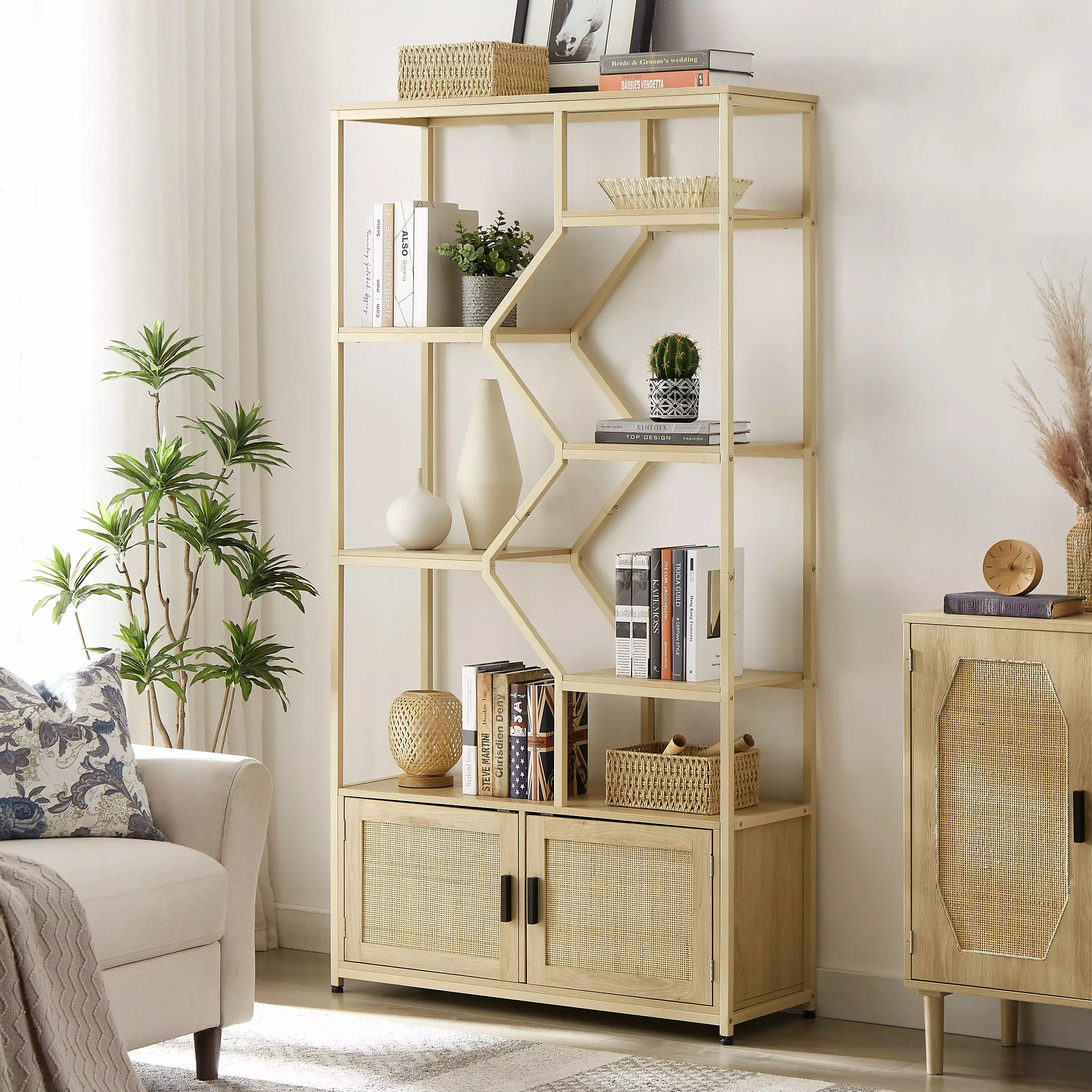 Paproos Natural Bookshelf with 2 Cabinets. 7-Tier Tall Bookcase Large Display Shelf Unit Storage Organizer for Bedroom Living Room Office. Free Standing Bookshelves with Wooden Frame and Rattan Door