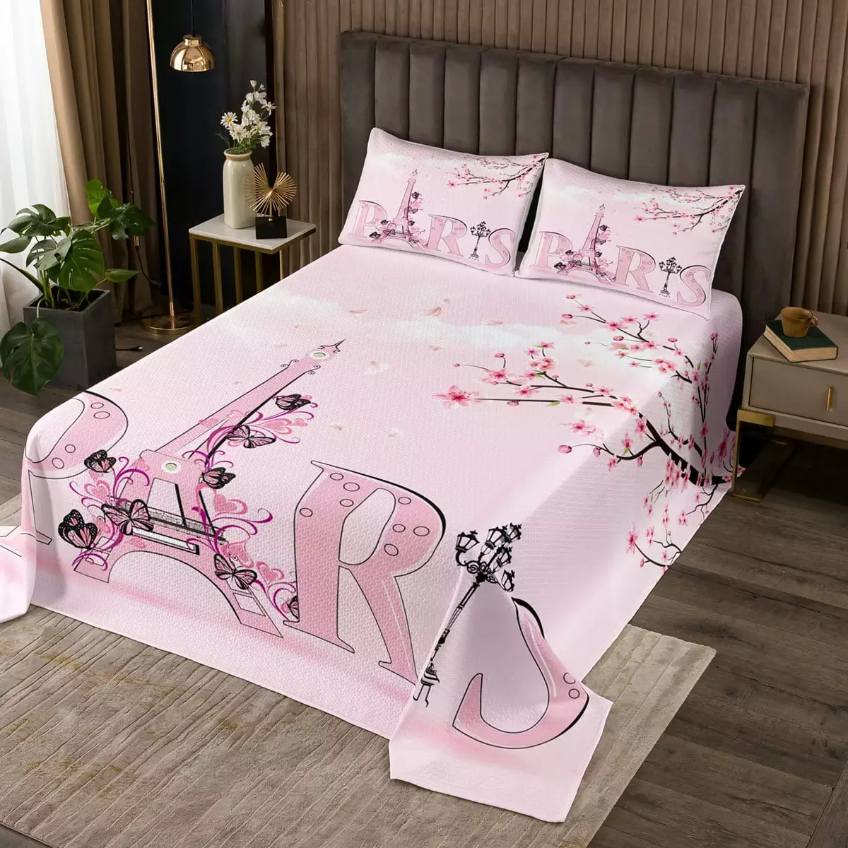 Paris Bedspread Set Twin French Eiffel Tower Quilt Set Cherry Blossoms Romantic Style Coverlet Set for Girls Couple Romance Pink Floral Bedding Set Paris Themed Bedroom Decor. 2 Pieces