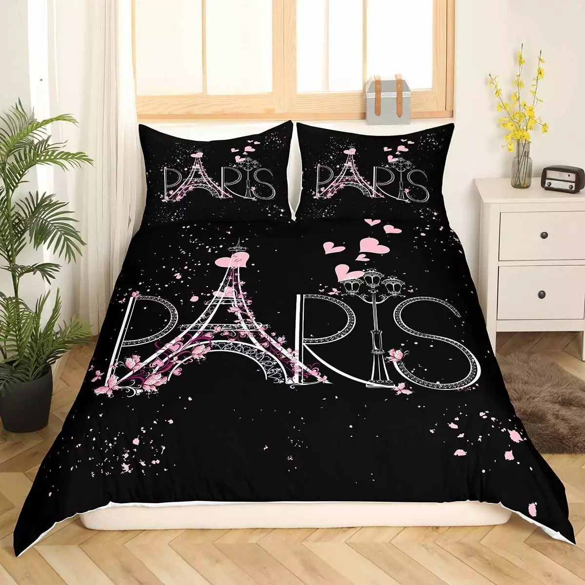 Paris Comforter Cover Set Twin Size Eiffel Tower Bedding Set Kids Girls Black and Pink Chic Paris Bedroom Decor Duvet Cover Boys Teens Women Romantic Modern French Bedspread Cover with 1 Pillow Case