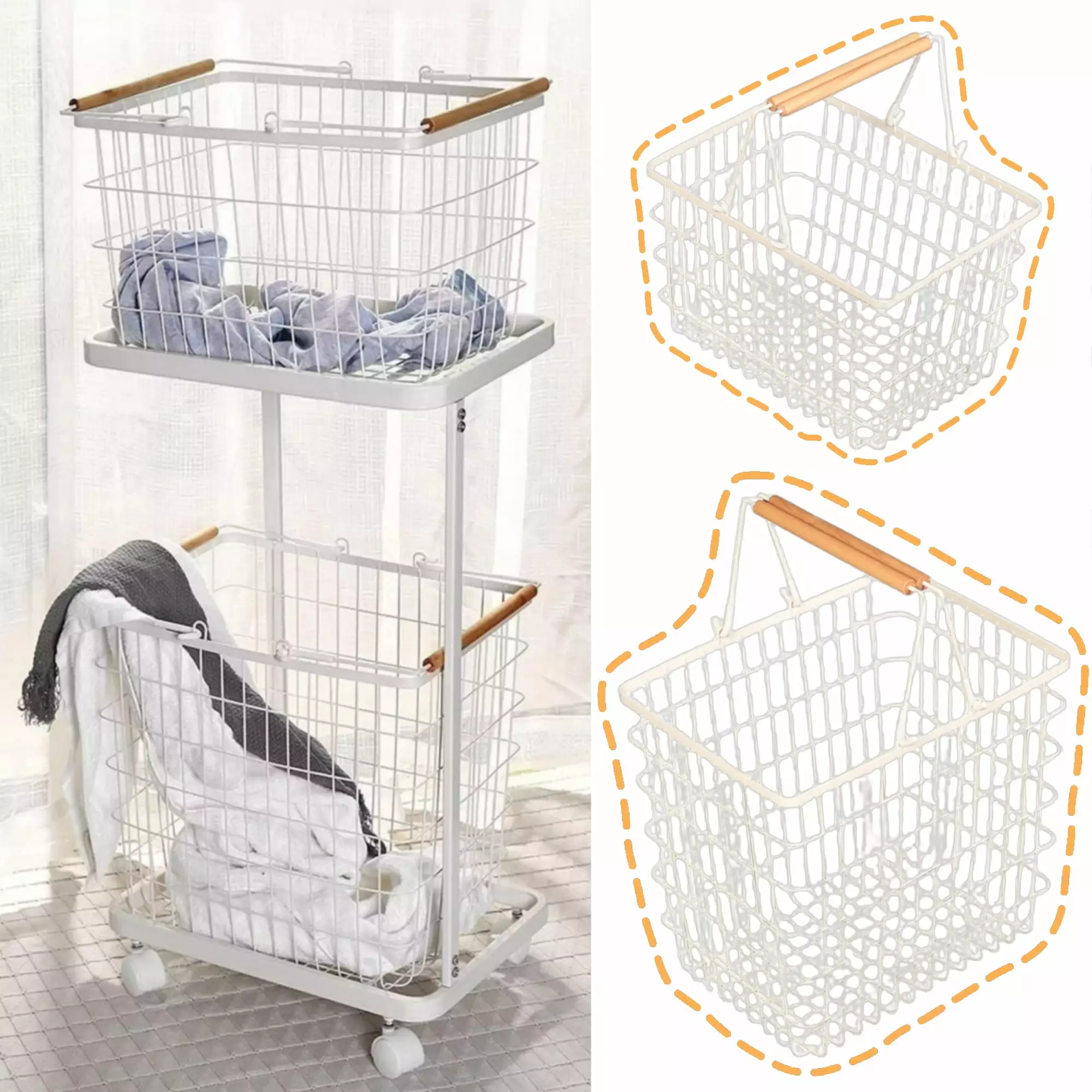 Petoto Rolling Laundry Basket w/Removable Baskets. Heavy Duty Metal Laundry Hamper. White