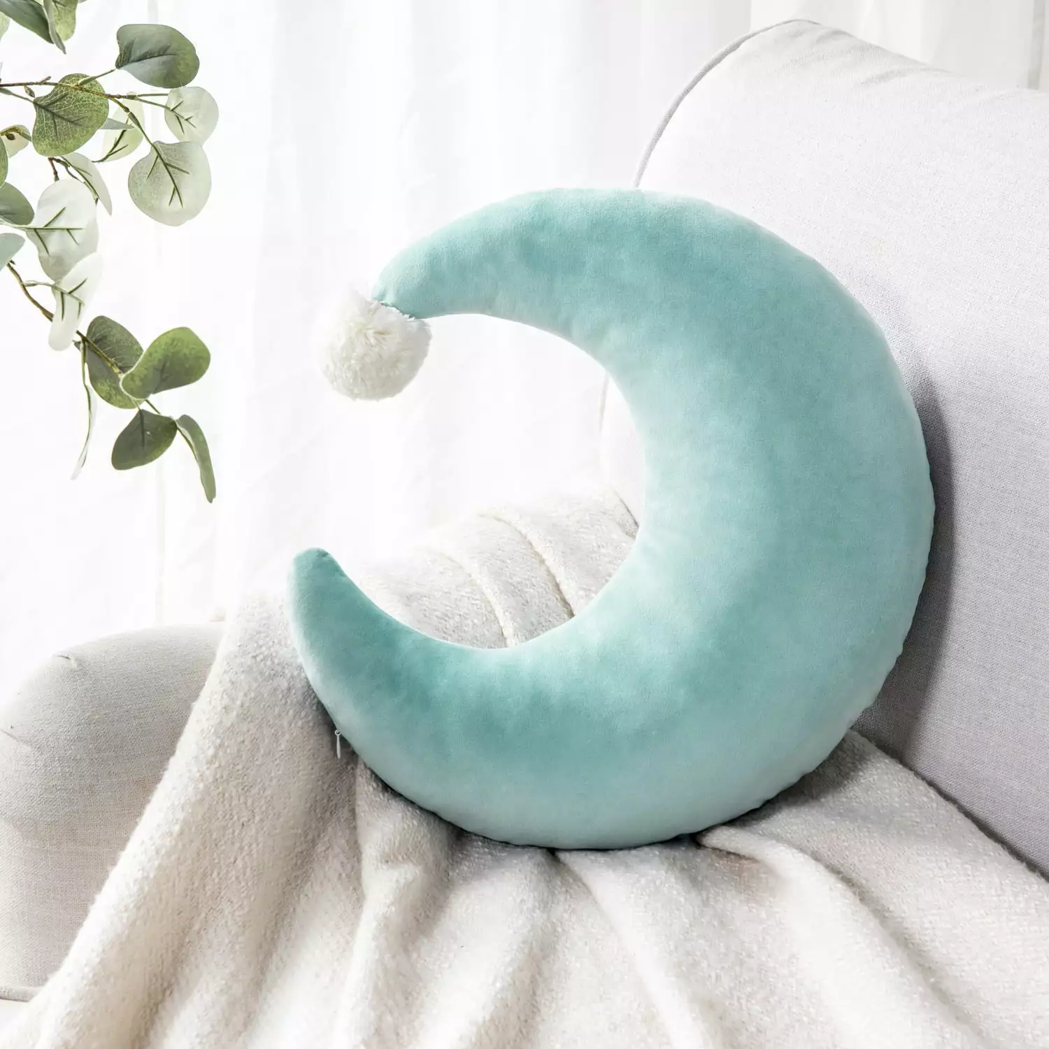 Phantoscope Soft Velvet Moon Character Decorative Throw Pillow with Pom Pom for Kid's Bedding. 18 x 16. Water Green. 1 Pack