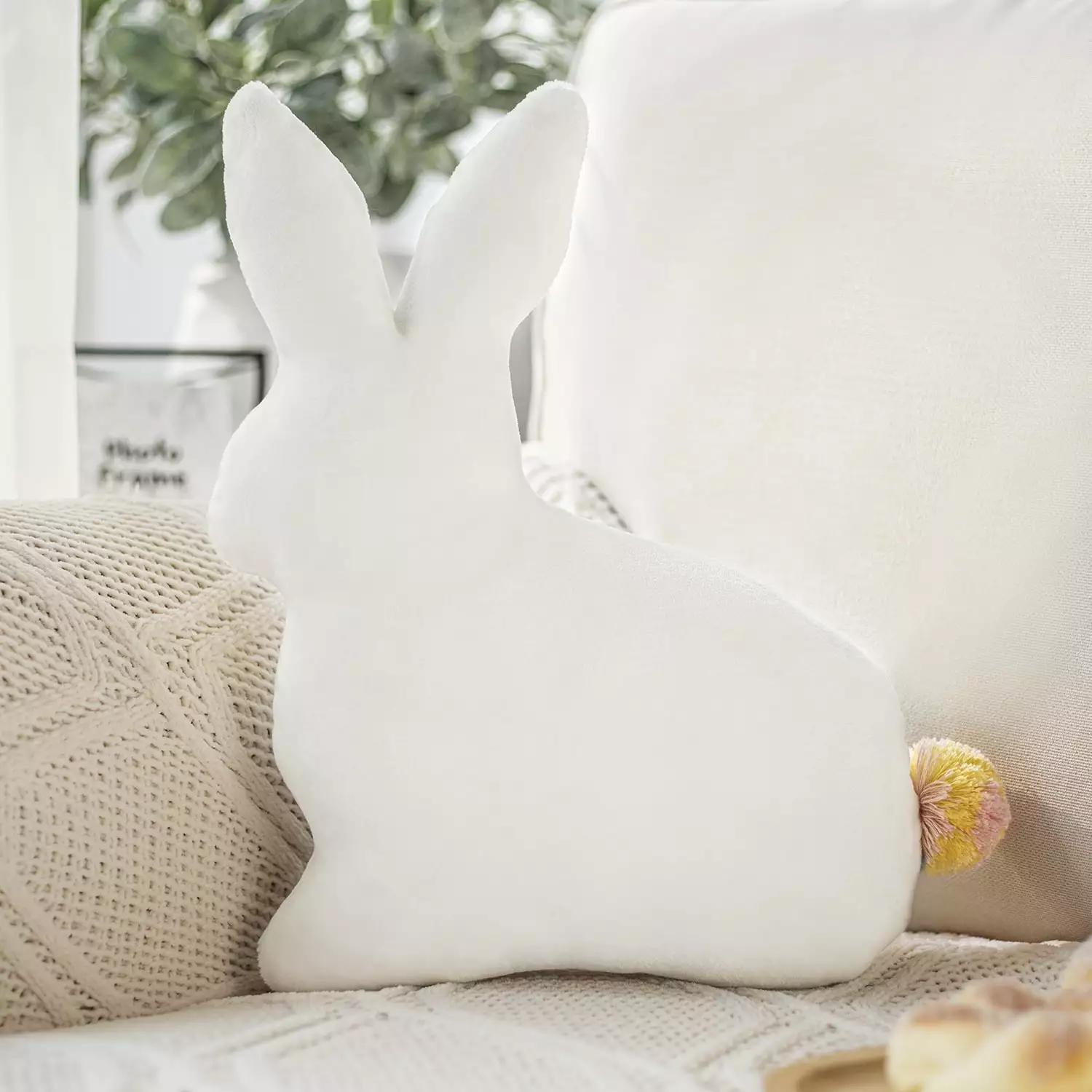 Phantoscope Velvet Rabbit Shaped with Pom Pom Soft Plush Series Kids Spring Easter Decorative Throw Pillow. 12 x 16. White. 1 Pack