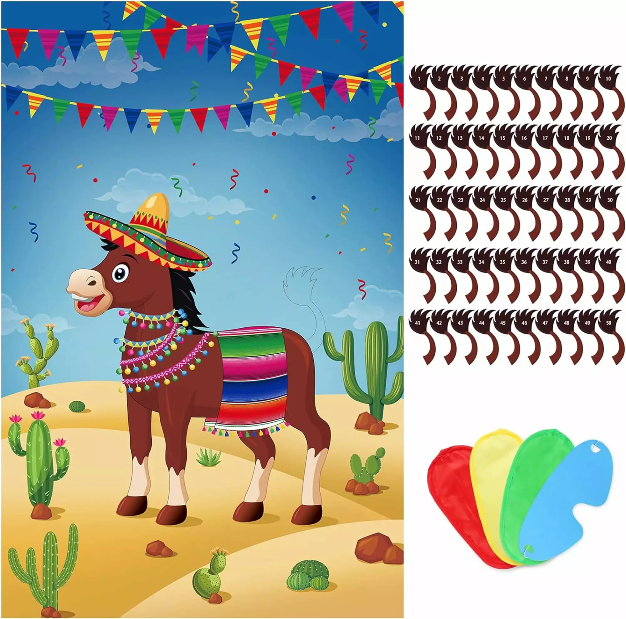 Pin The Tail On The Donkey Party Game With 50 Pcs Tails Large Mexican Donkey Games Poster for Kids Birthday Party Carnival Fiesta Party Supplies