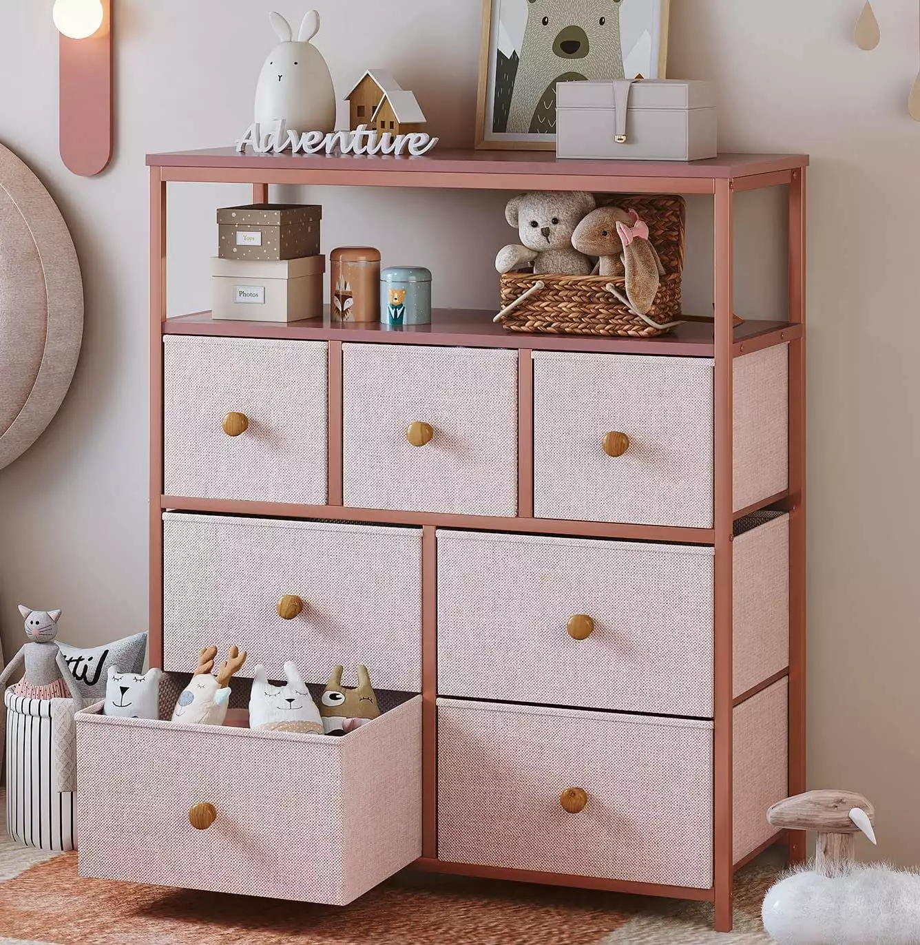 Pink Dresser for Girls Bedroom. Dresser for Bedroom with 7 Drawers and 2 Shelves. Pink Dresser with Wooden Top and Metal Frame. Dressers & Chests of Drawers for Bedroom. Closets. Nursery. Pink