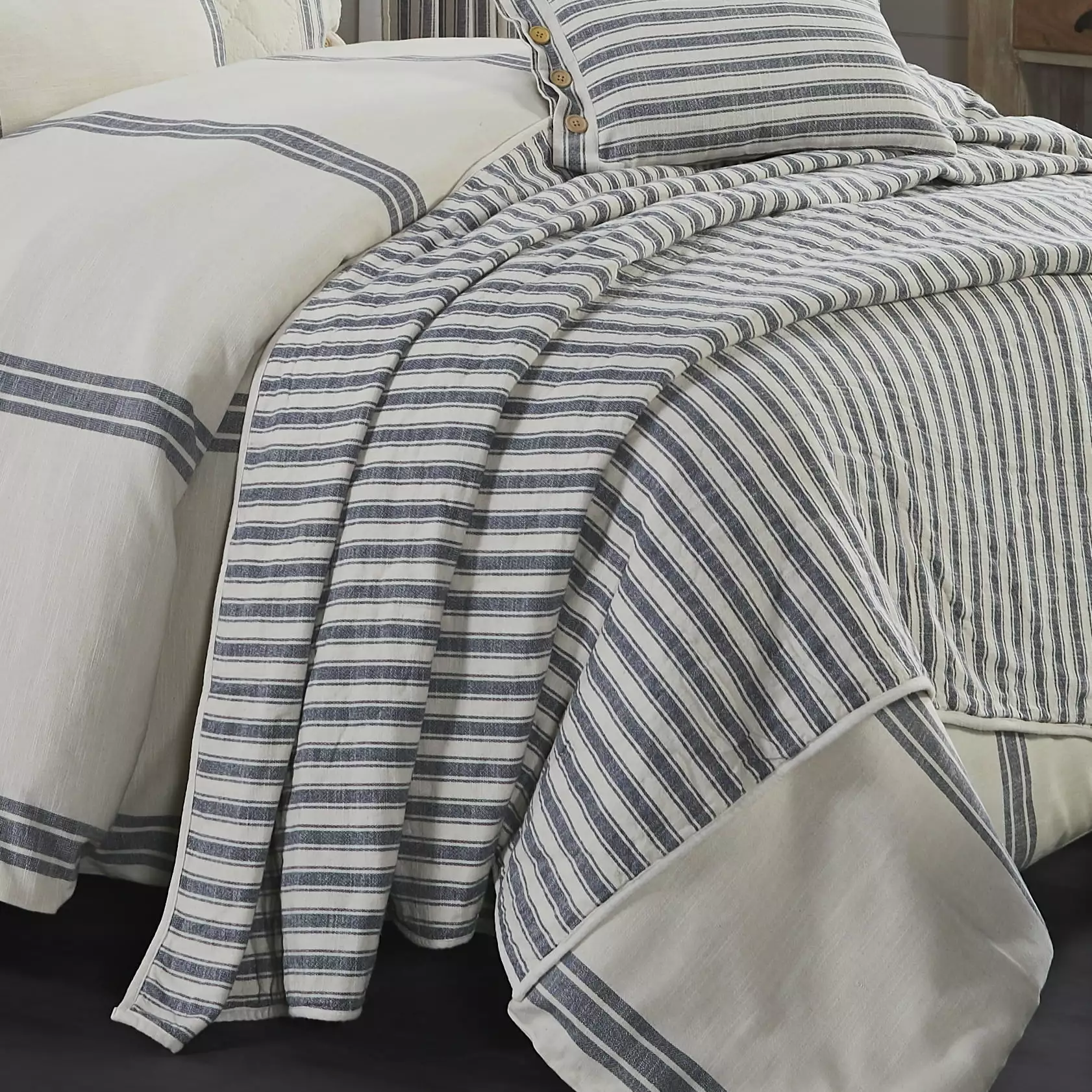 Piper Classics Market Place Blue Ticking Stripe Full/Queen Quilt