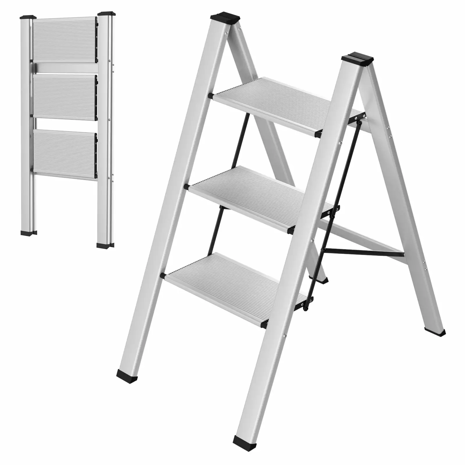 Pirecart 3 Step Ladder. Aluminum Folding Step Stool for Household and Office. 330lbs Capacity