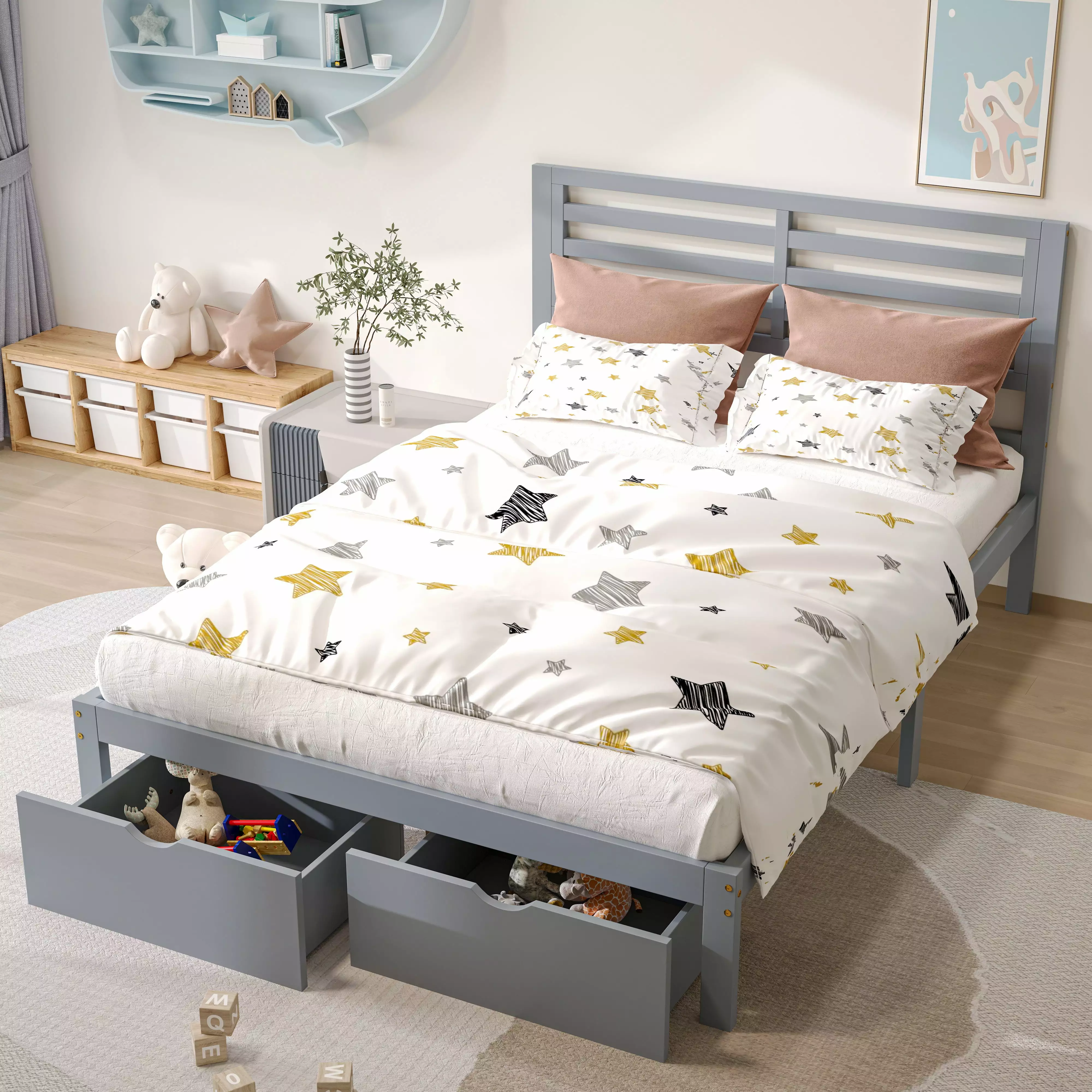 Platform Bed Frame Storage Bed with Headboard. Pine Wood Full Bed Frame for Bedroom. Modern Full Size Bed Frame with Drawers. Wood Slats Support. Holds 400 lb. No Box Spring Needed. Gray