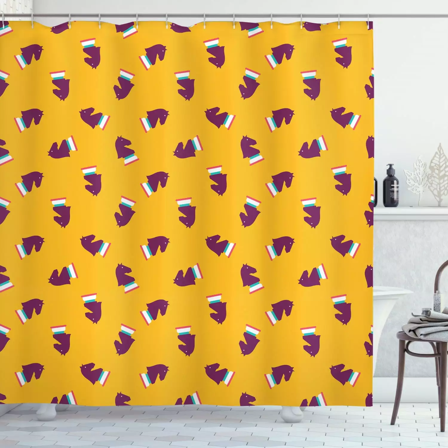 Playroom Shower Curtain. Chess Game Icons Horse Pieces Pattern Intellectual Game Kids Design. Fabric Bathroom Set with Hooks. 69W X 70L Inches. Marigold Purple Turquoise. by Ambesonne