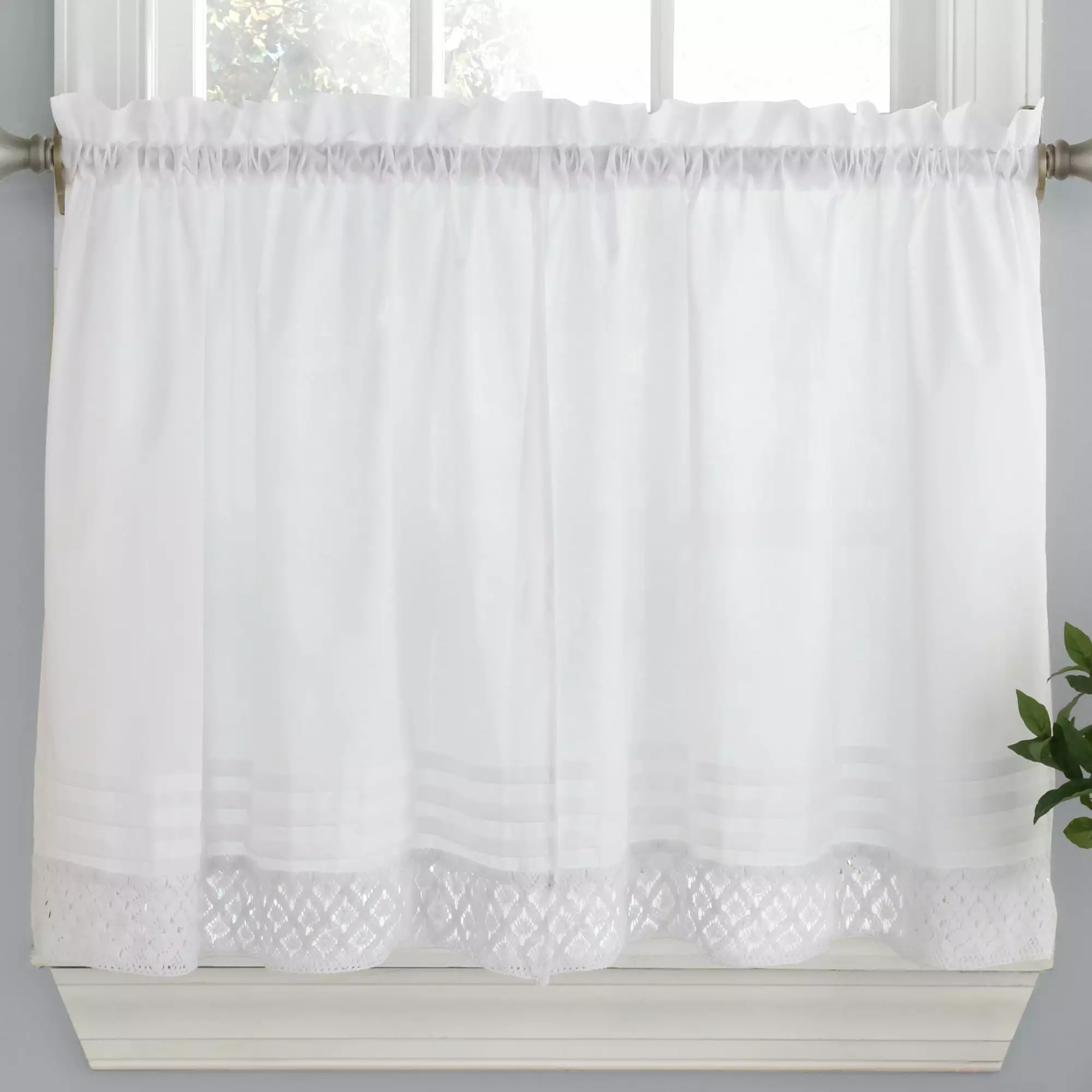 Pleated Crochet Kitchen Window Curtain Tier Pair or Valance White