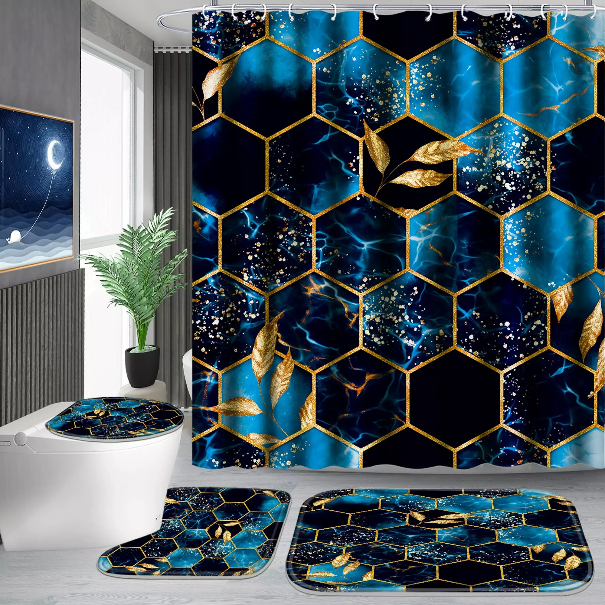 Poedist 4Pcs Marble Bathroom Sets with Shower Curtain and Rugs. Marble Shower Curtain Set with Non-Slip Rugs.Toilet Lid Cover.Bath Mat and 12 Hooks.71 x 71 Inch. SKY Blue Honeycomb Marble