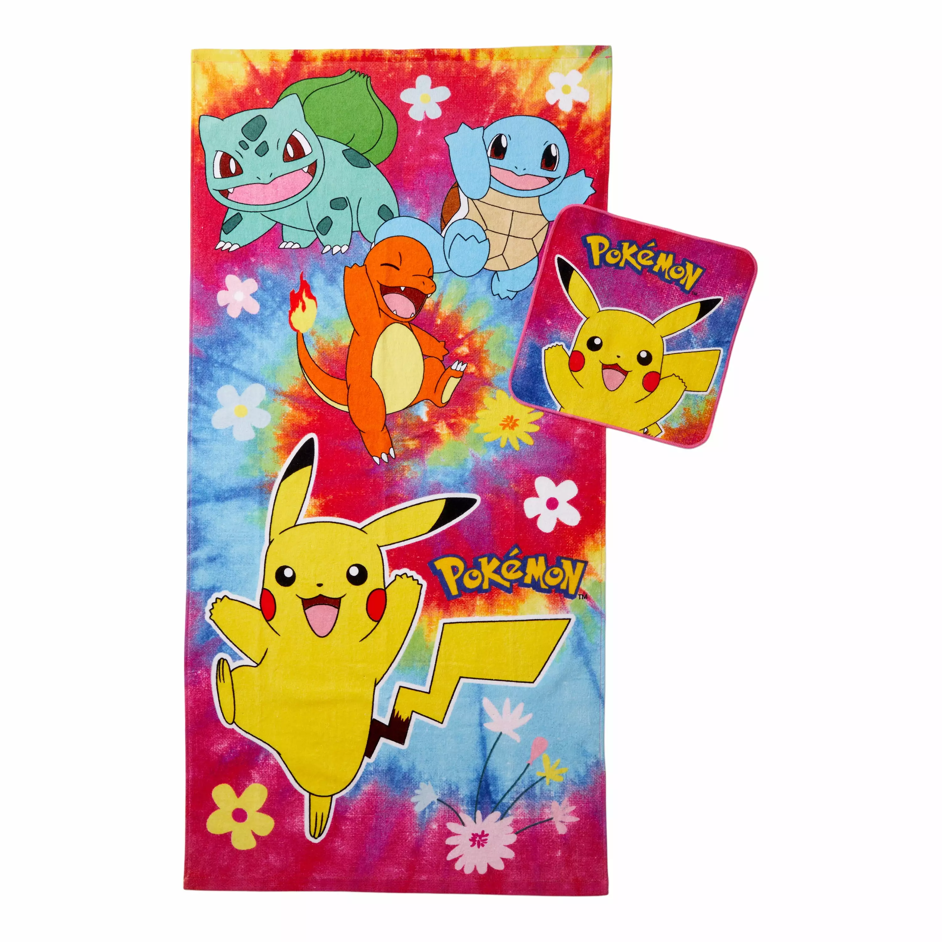 Pokemon Kids Cotton 2 Piece Towel and Washcloth Set. Tie Dye