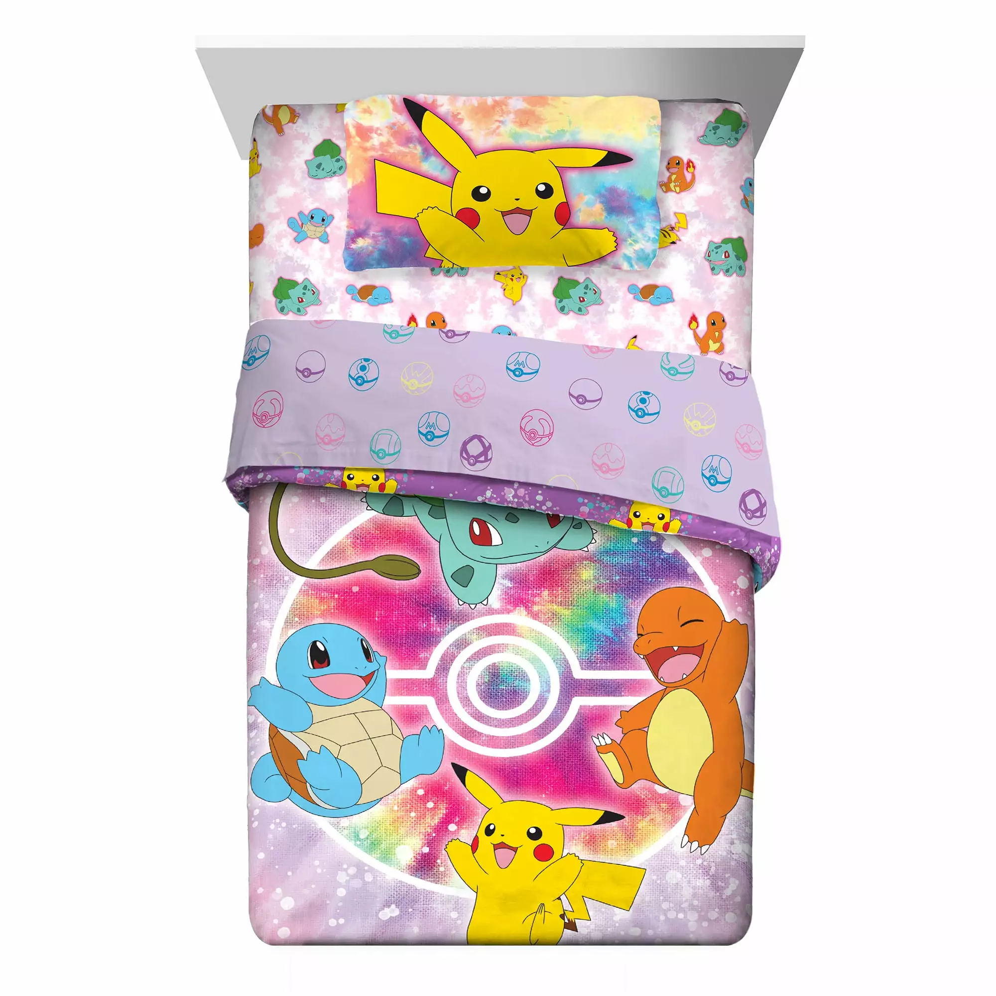 Pokemon Kids Full Bed in a Bag. Tie-Dye. Comforter and Sheets. Purple