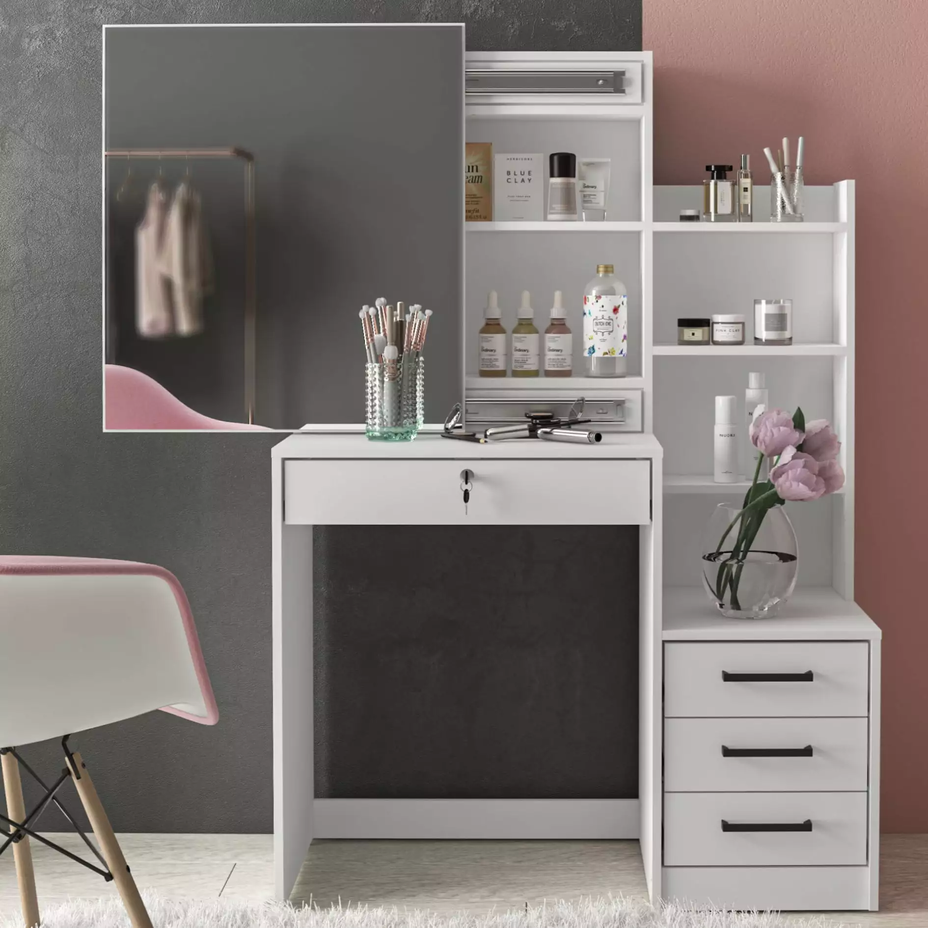 Polifurniture Hannah Modern Bedroom Vanity Table with Mirror. White Finish