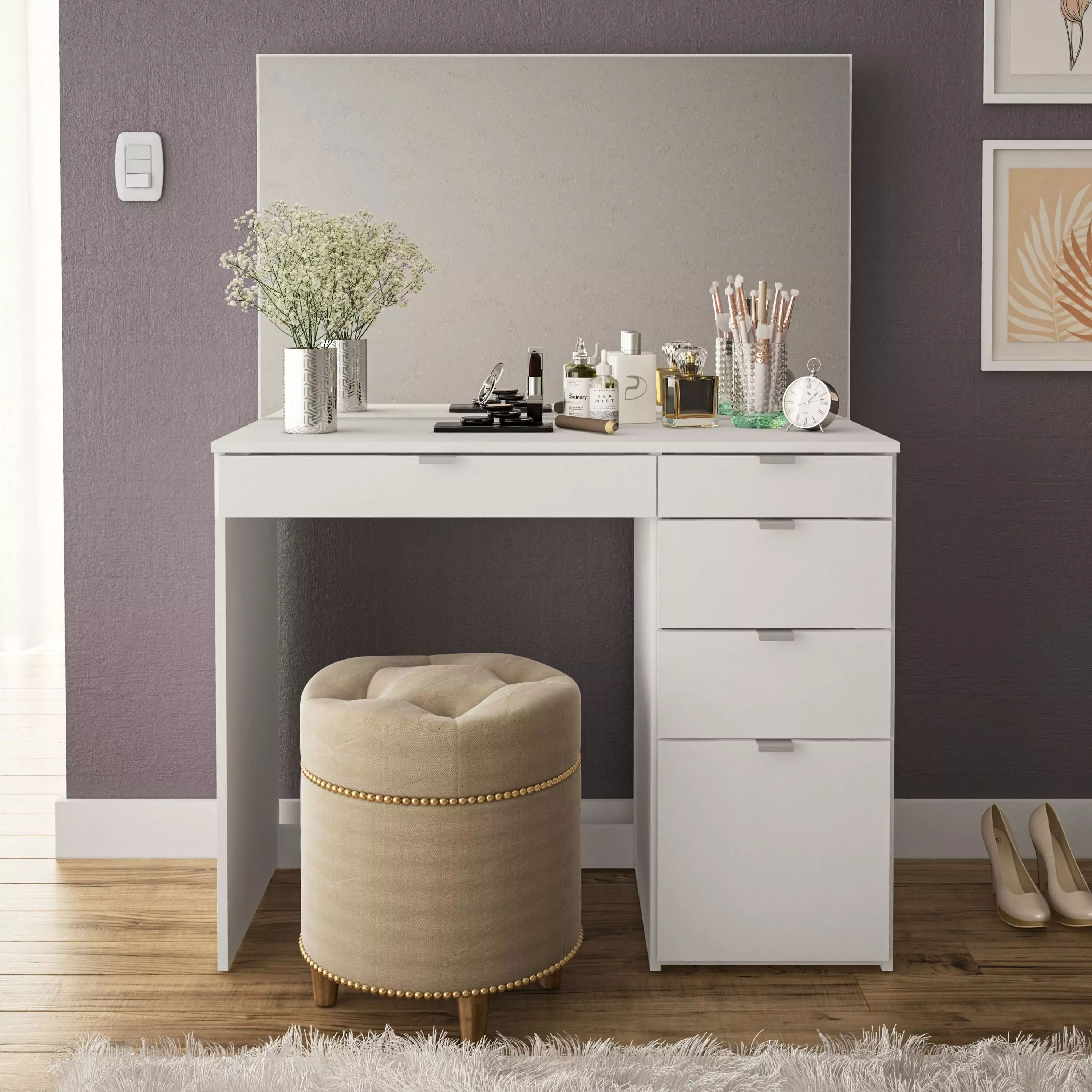 Polifurniture Linden Modern Bedroom Makeup Vanity Table. White Finish