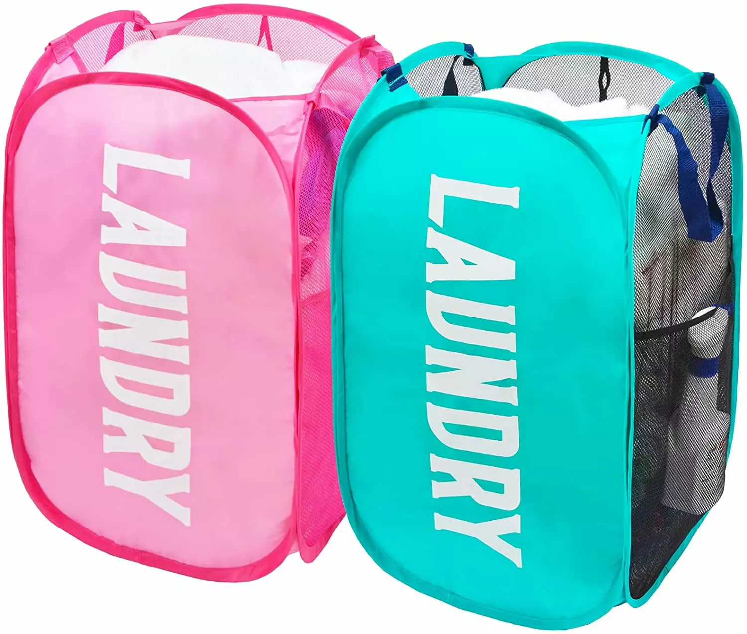 Popup Laundry Hamper. 2 Pack Mesh Hampers for Laundry Collapsible Laundry Basket with Side Pocket Durable Carry Handles Great Laundry Hambers for Kids Room. College Dorm or Travel (Pink + Blue)