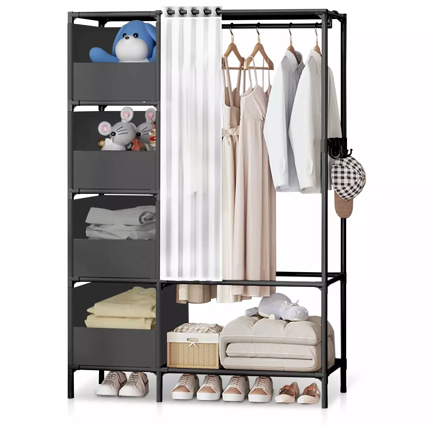 Portable Closet. BRC Portable Wardrobe with 4 Storage Closet. Clothes Storage Cabinet with Curtain. for Living Room. Bedroom. Clothes Room. Black