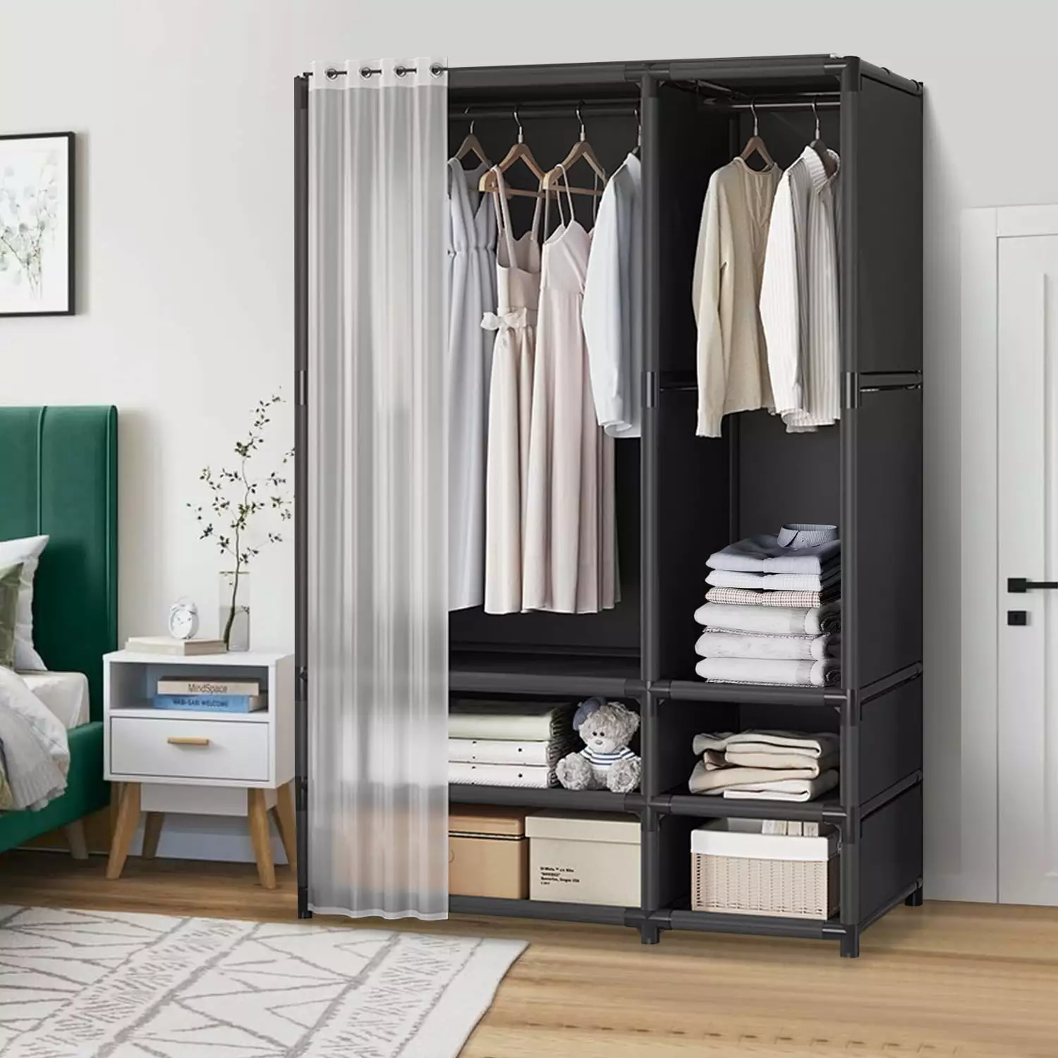 Portable Closet. Brochao Large Portable Wardrobe with 2 Hanging Aera & 4 Storage Shelves. Sturdy Clothes Storage Cabinet with Curtain for Living Room. Clothes Room. Black