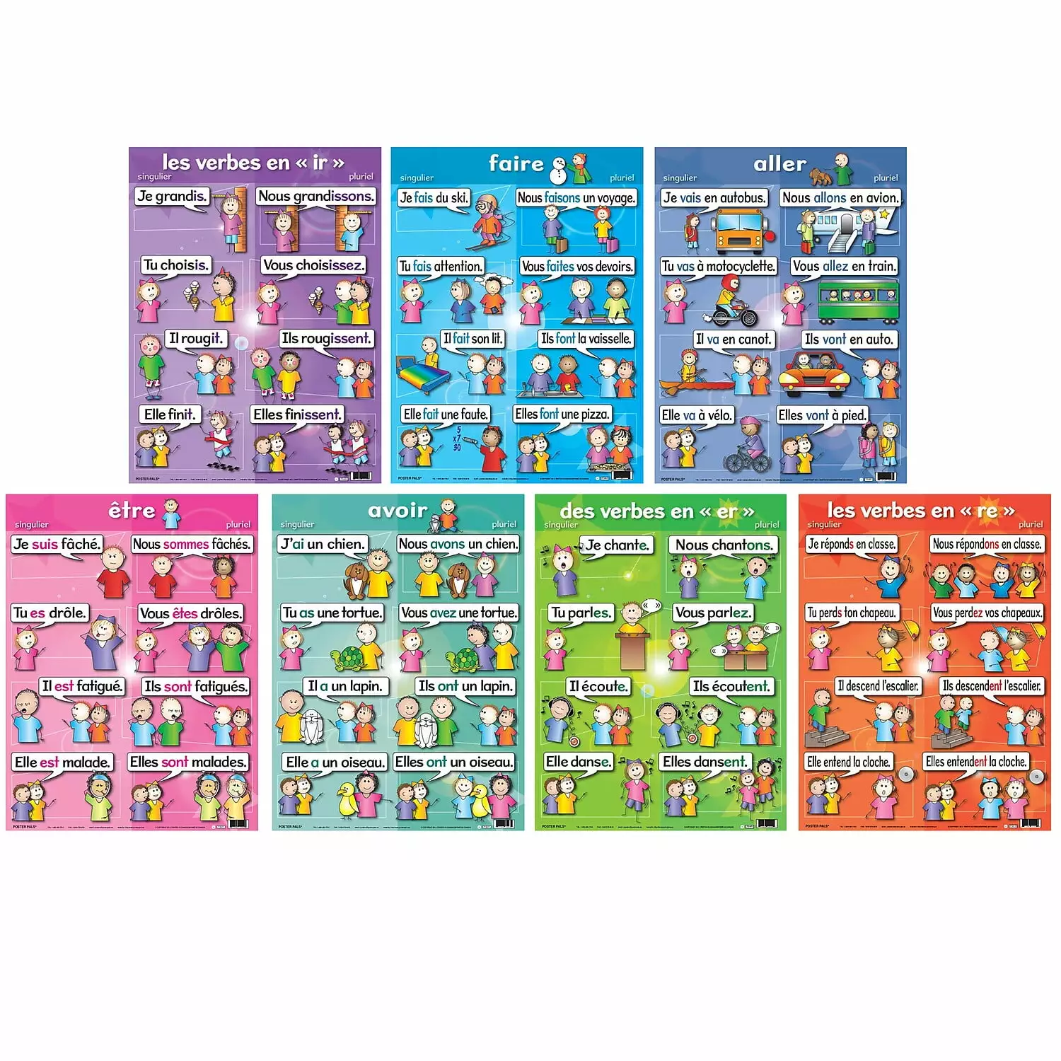 Poster Pals French Educational & Language Teaching Verb present tense Posters. large colorful charts. classroom reference and instruction. FSL. 7 pack