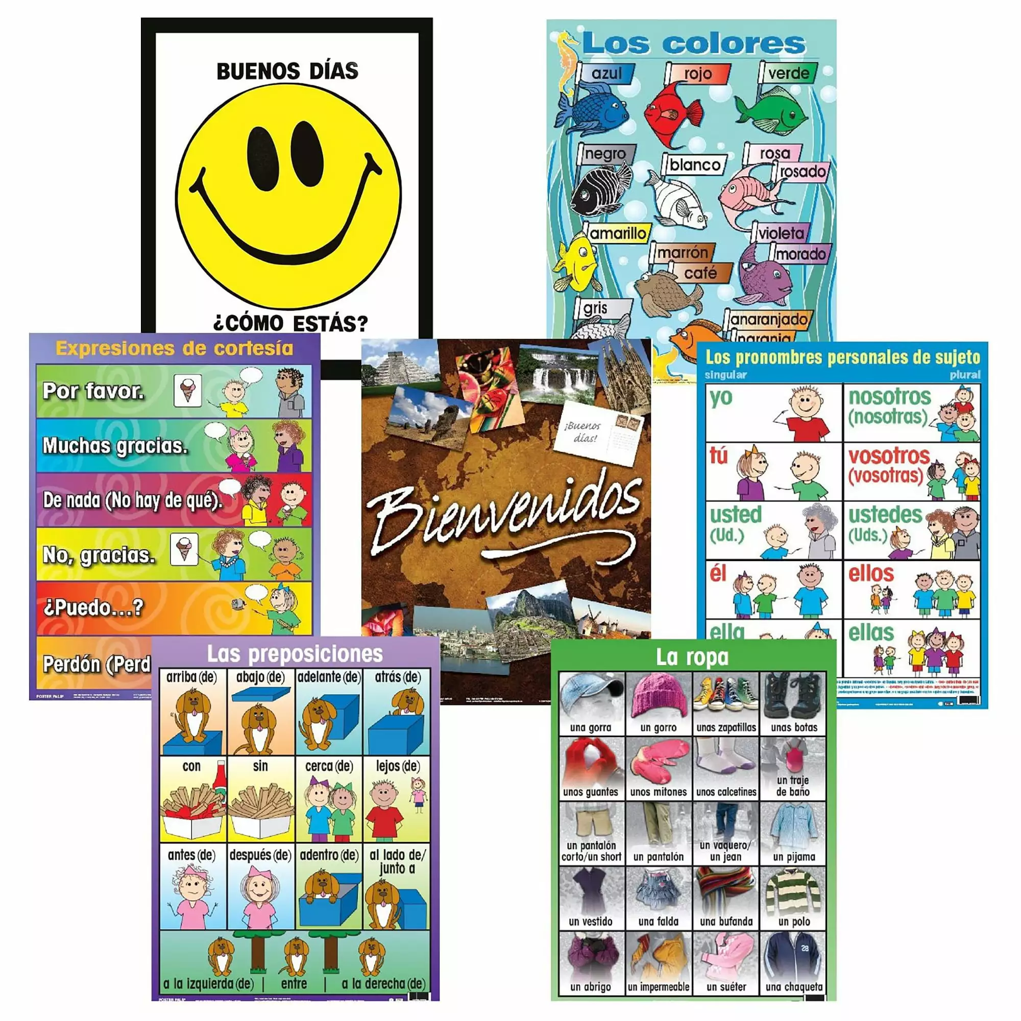 Poster Pals Spanish Educational & Language Teaching basic Posters. large colorful charts. classroom reference and instruction. 7 pack