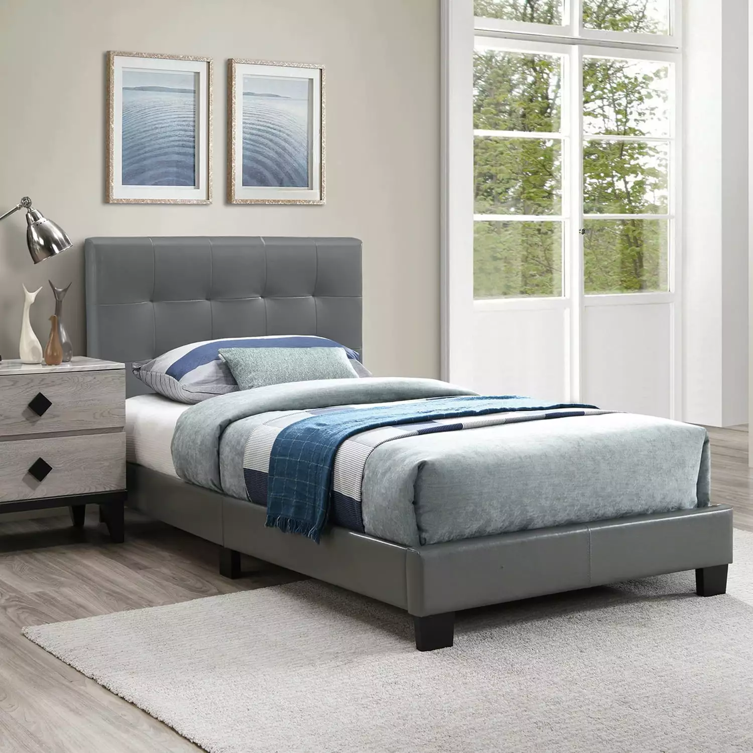 Poundex F9567T Upholstered Bed Frame with Slats in Gray Faux Leather - Twin Size