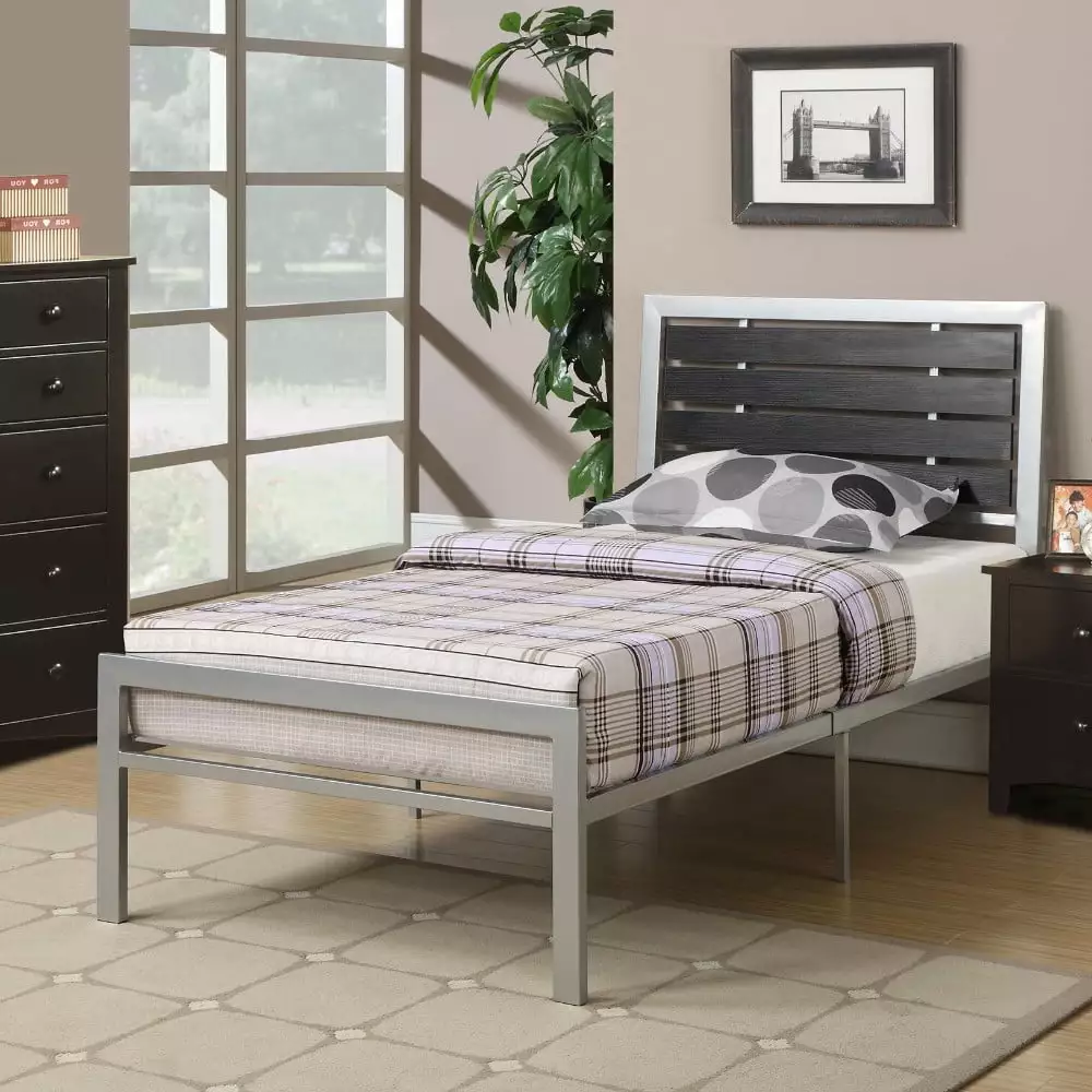 Poundex Metal Twin Size Bed With Wood Panel Headboard Silver & Black