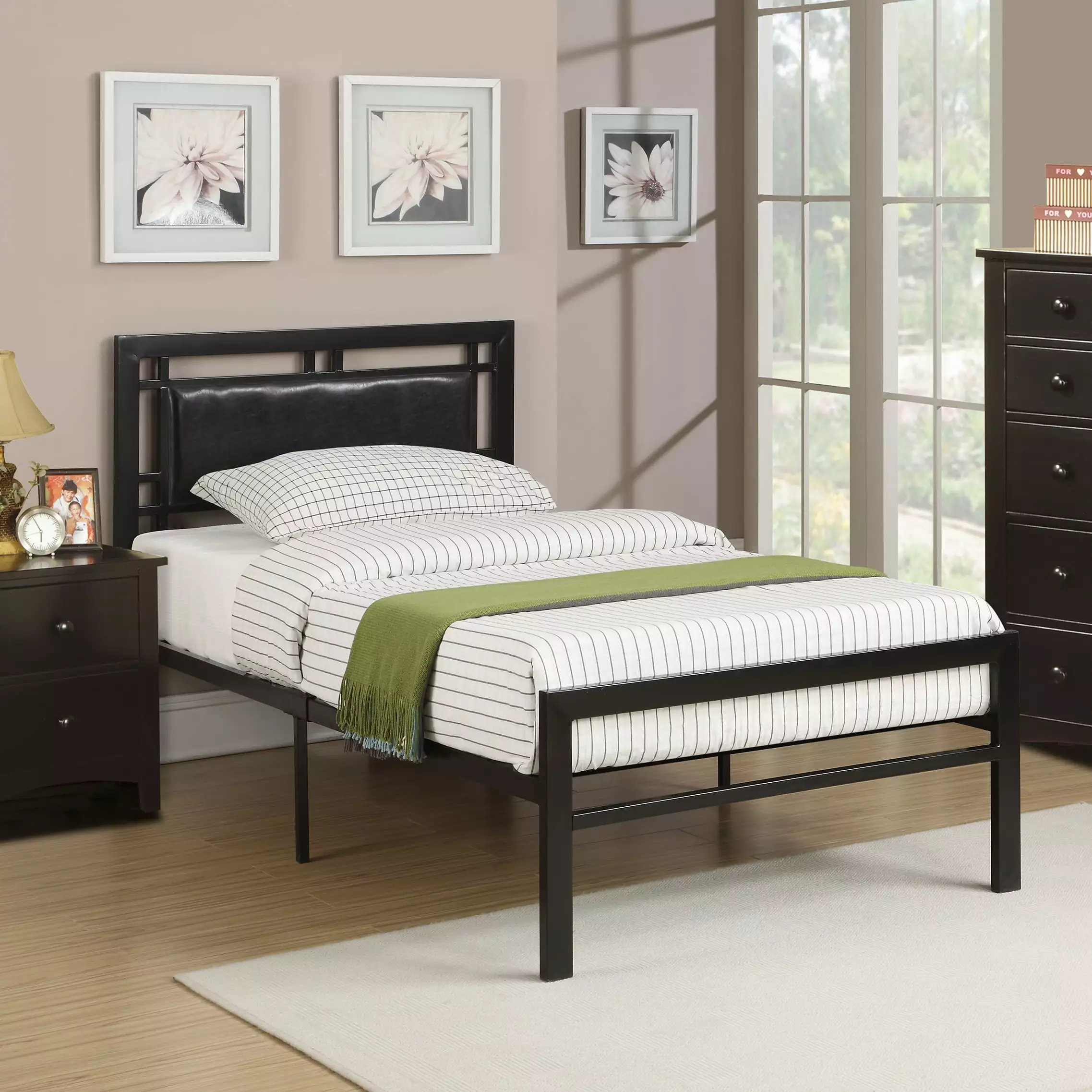 Poundex Youth Metal Frame Twin Bed With Leather Upholstered Headboard Black