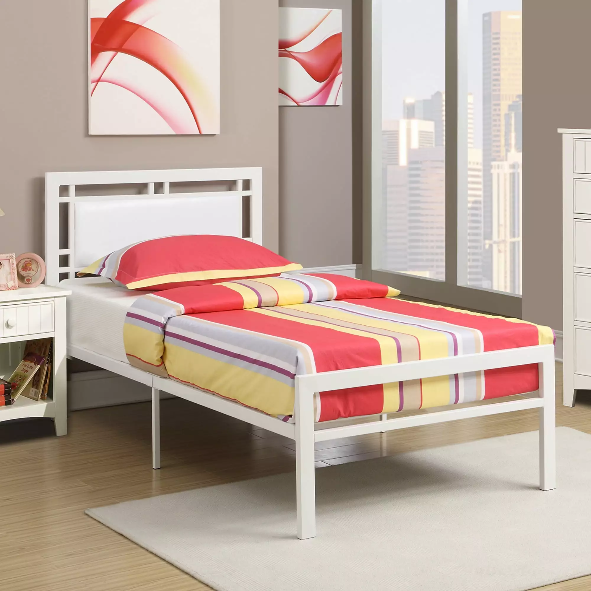 Poundex Youth Metal Frame Twin Bed With Leather Upholstered Headboard White