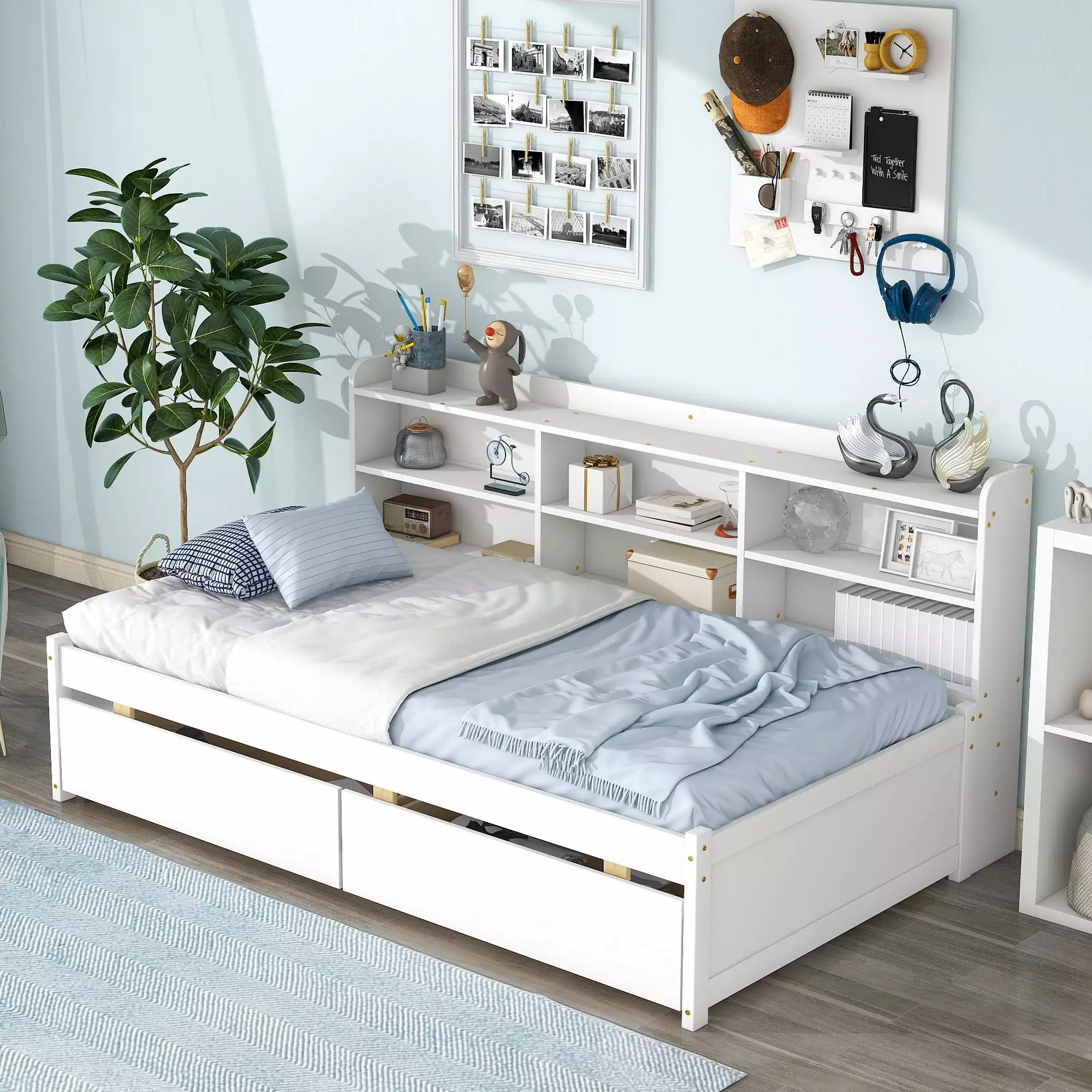 Pouseayar Twin Size Platform Bed with Bookcase & Drawers for Kids Boys Girls. White