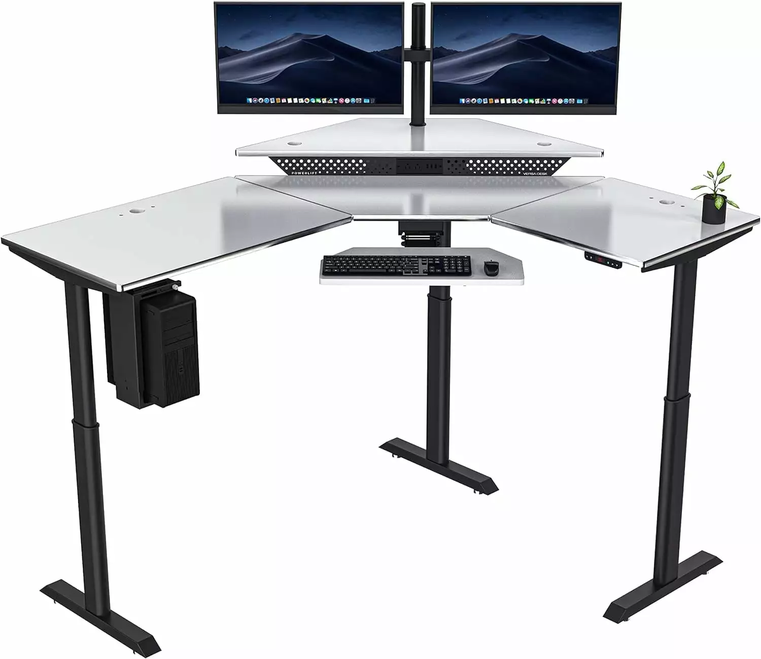 VERSADESK Powerlift 60 x 72 L-Shaped Standing Desk Workstation Electric Height Adjustable Black Frame. White Surface