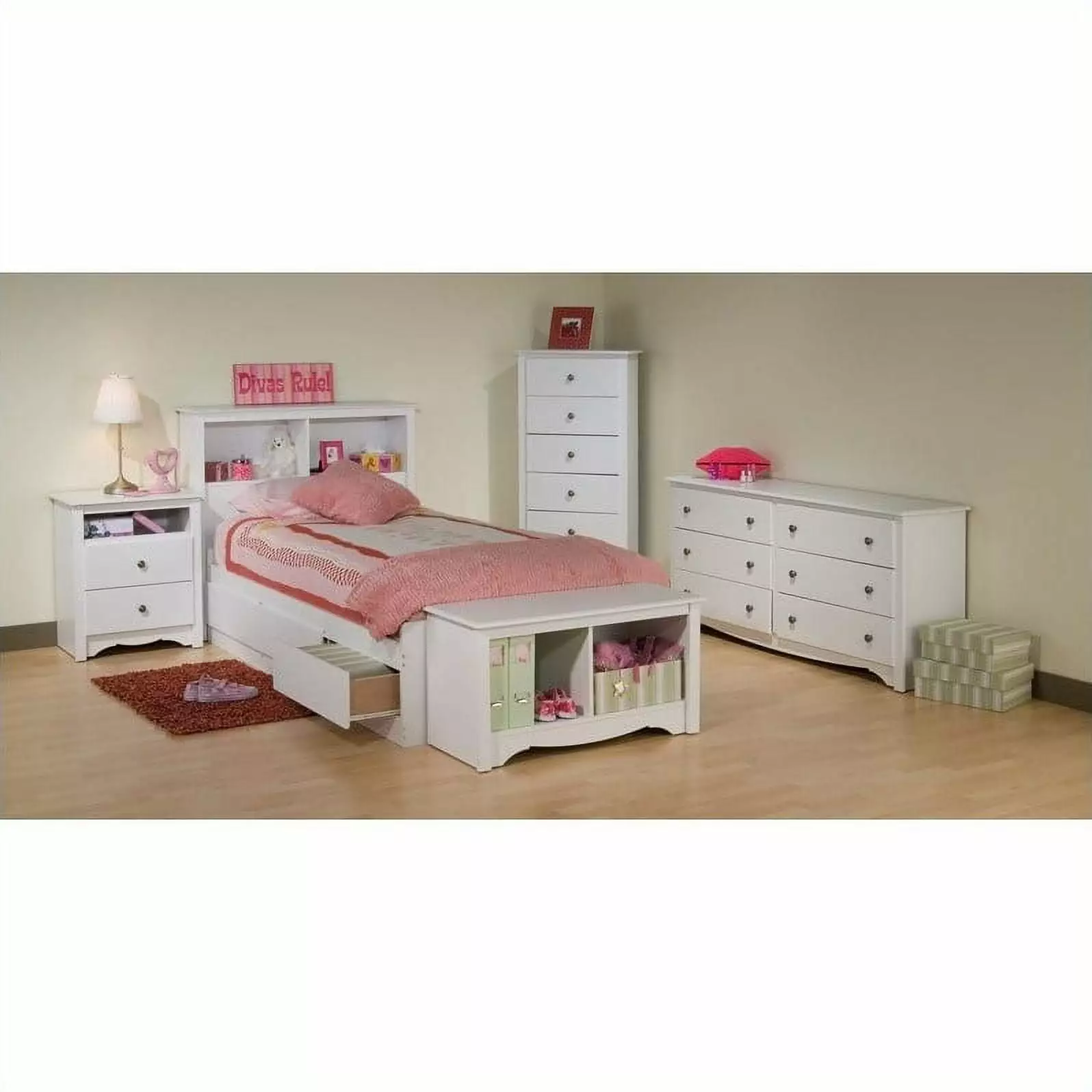 Prepac Monterey White Twin Wood Platform Storage Bed 4 Piece Bedroom Set