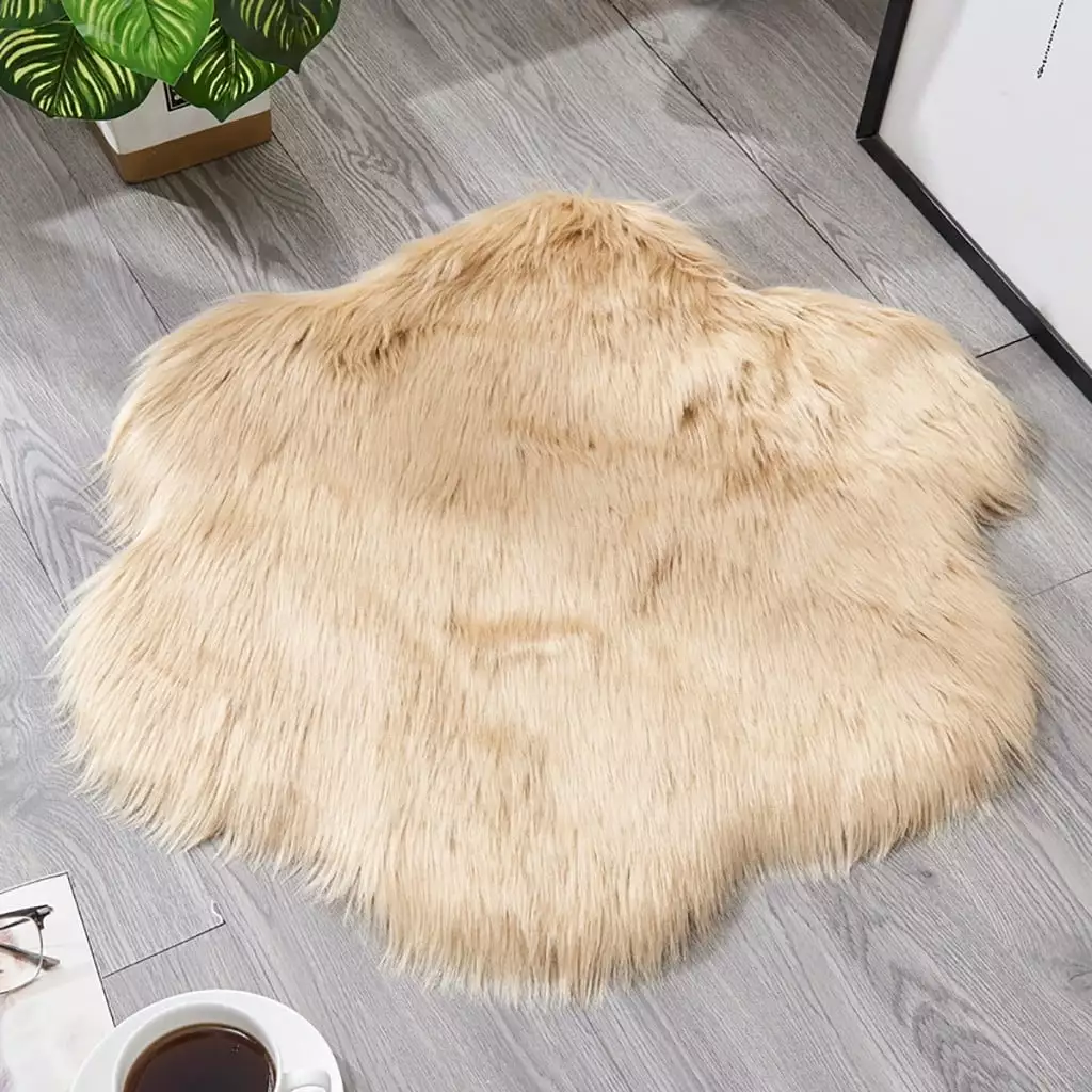 Pretxorve Wool Imitation Sheepskin Rugs Faux Non Slip Bedroom Carpet Mats Khaki