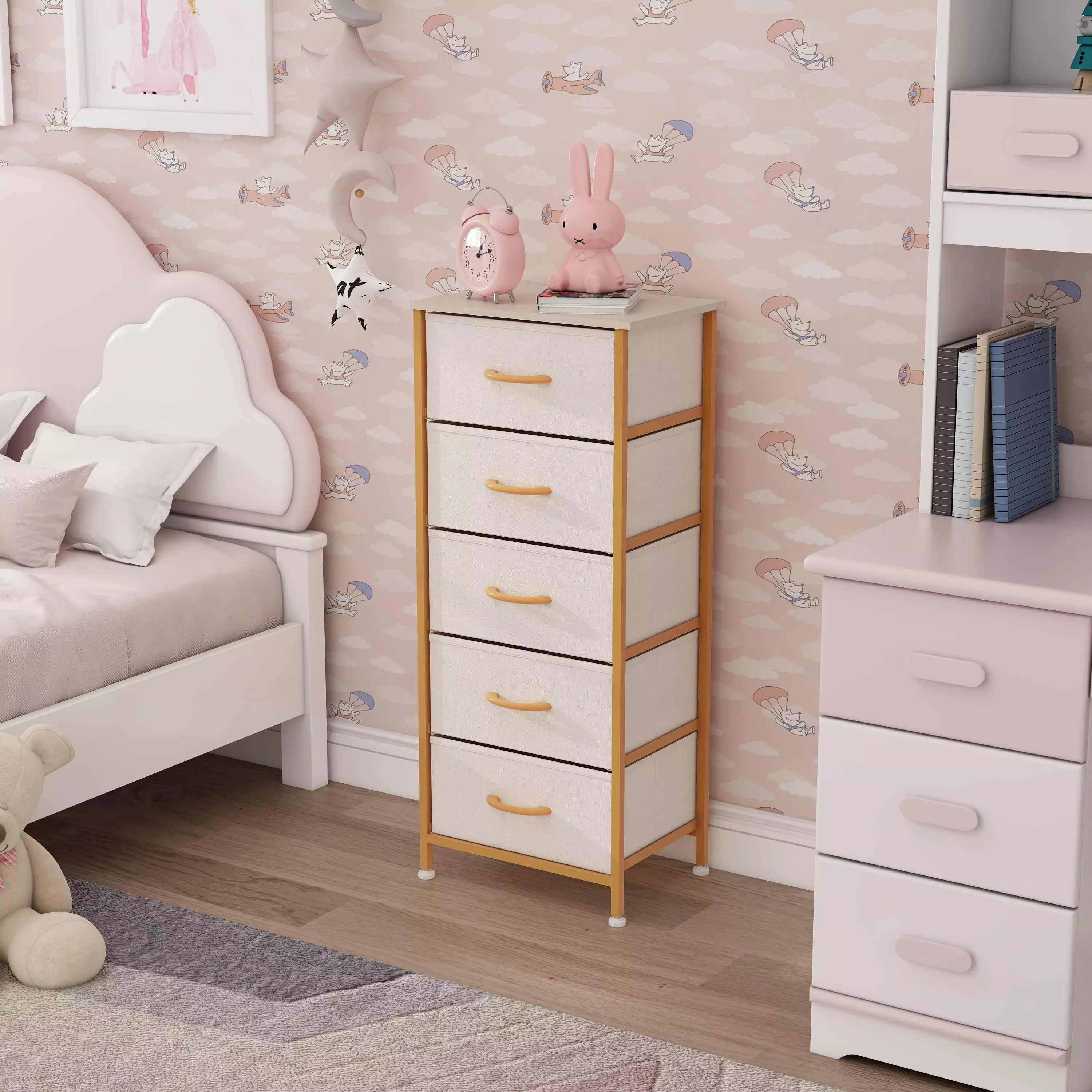 Prime Garden 5 Drawers Tall Dresser for Kids Room Storage Chest.Gold